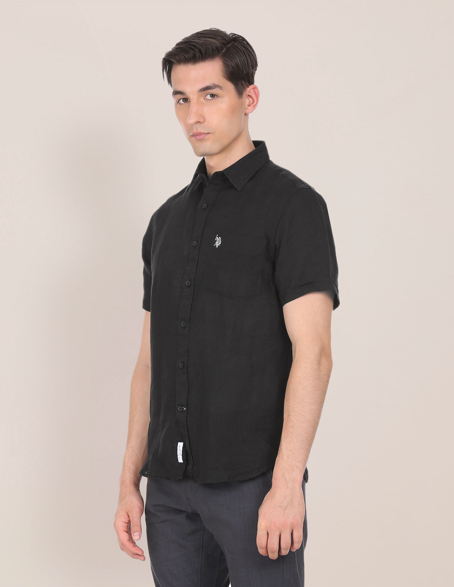 Men Black Short Sleeve Linen Solid Casual Shirt Black - U.S. POLO ASSN. | Large