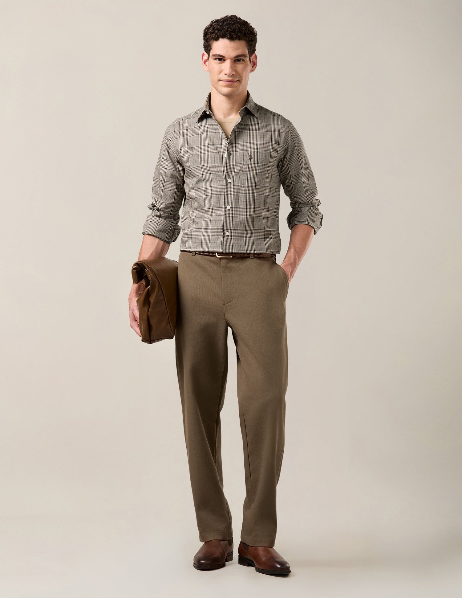 Twill Tailored Fit Shirt Light Khaki - U.S. Polo Assn. India | Large
