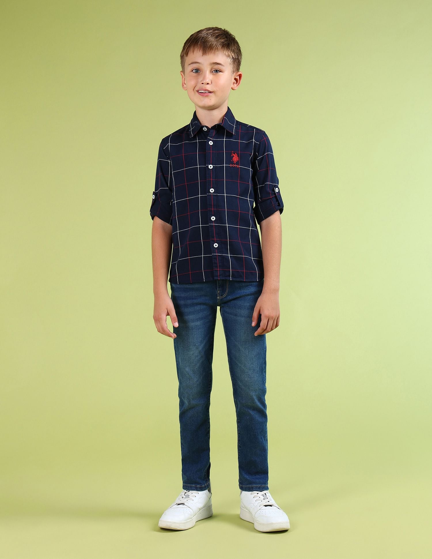 Boys Windowpane Checked Regular Fit Shirt Navy - U.S. POLO ASSN. | Large