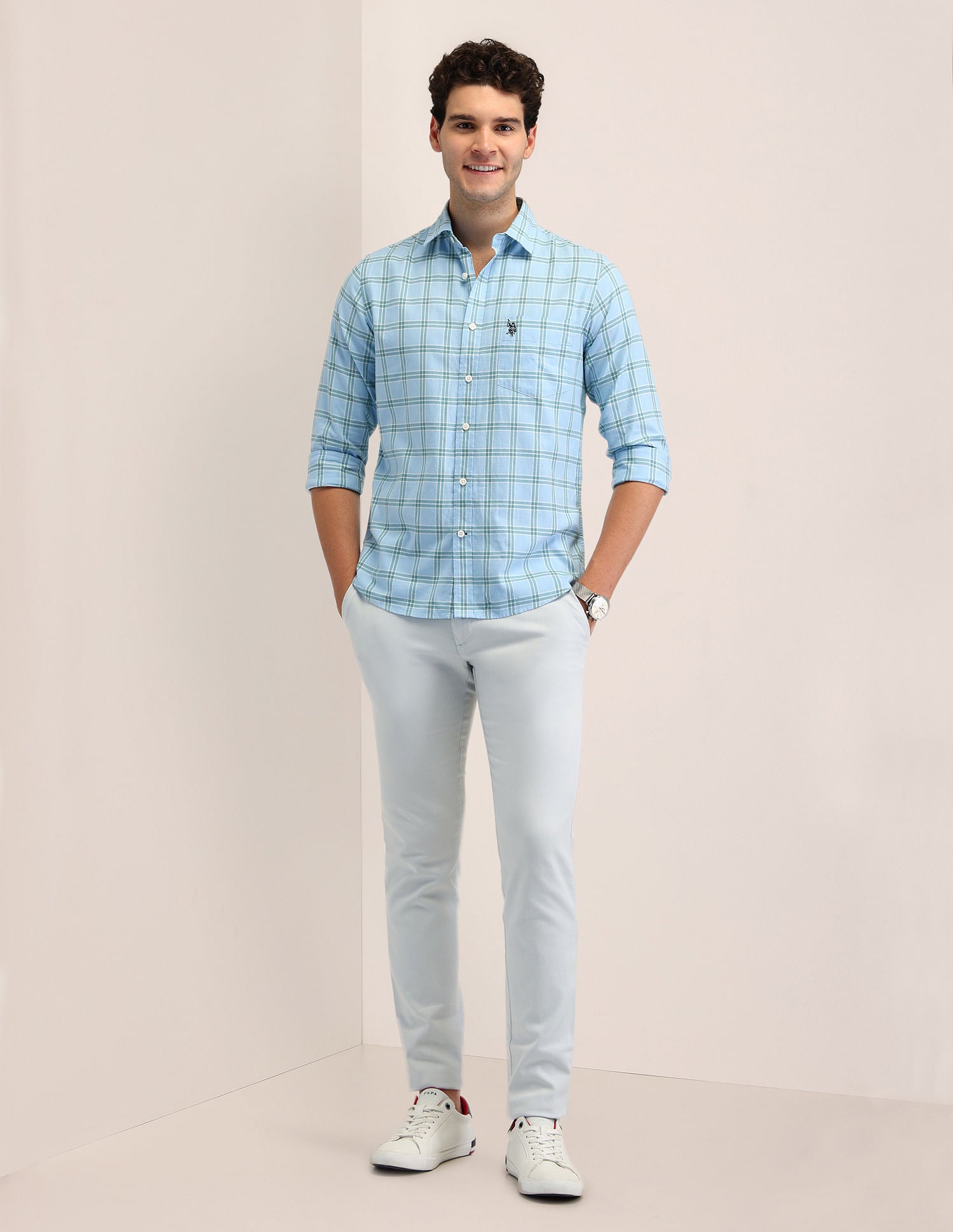 Tailored Fit Dobby Checked Shirt Light Blue - U.S. POLO ASSN. | Large