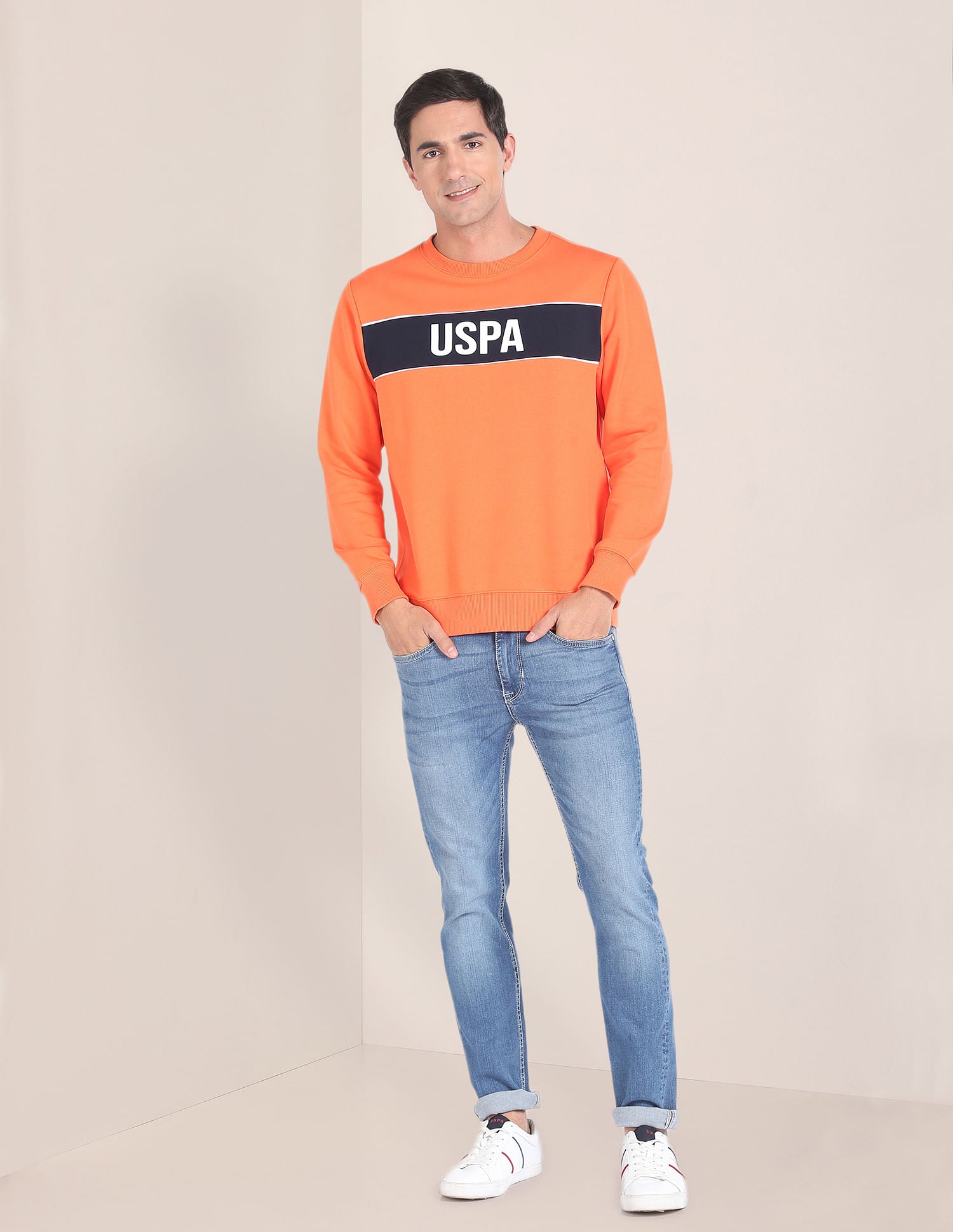 Brand Print Crew Neck Sweatshirt Orange - U.S. POLO ASSN. | Large