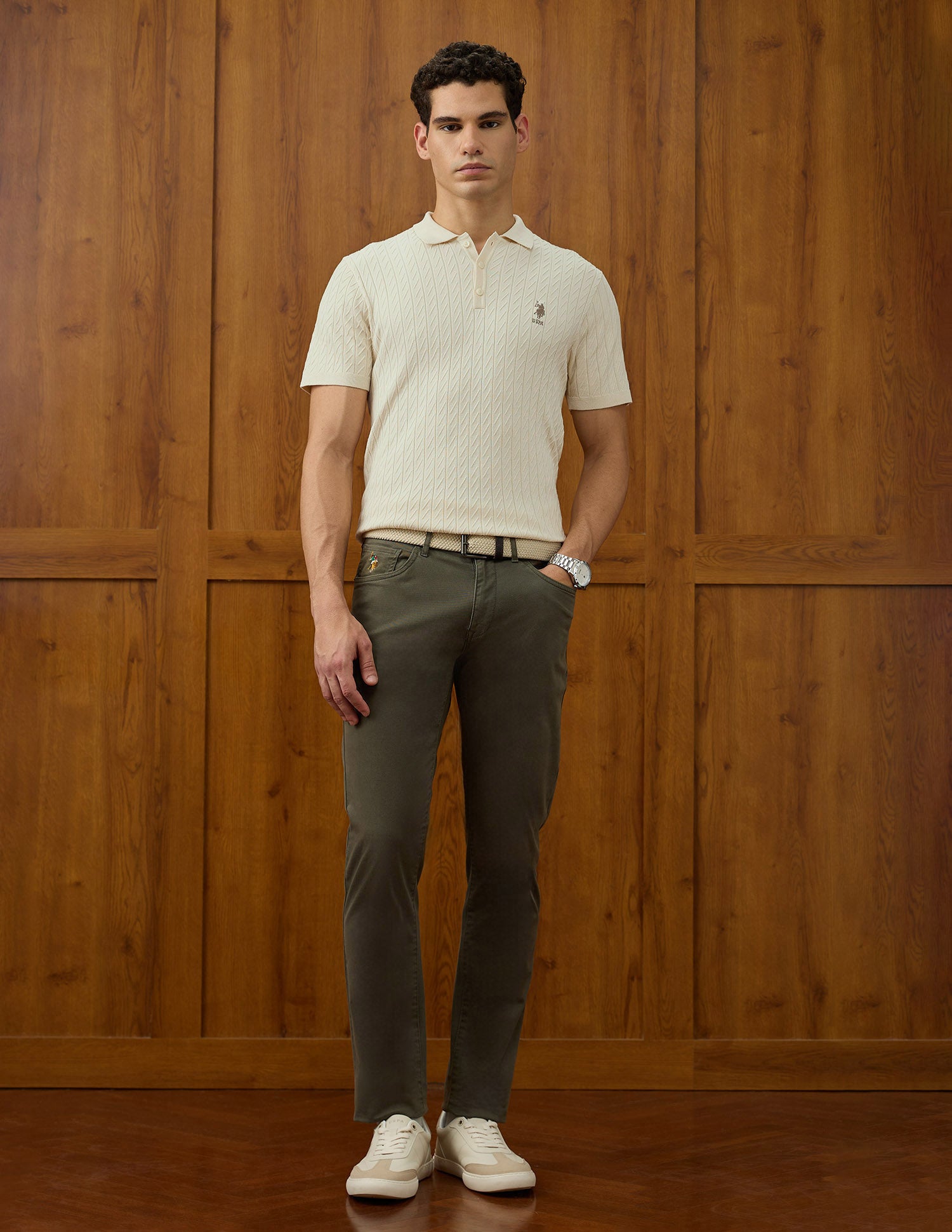 Patterned Knit Equestrian Aisle Theater Polo Shirt Beige - U.S. POLO ASSN. | Large