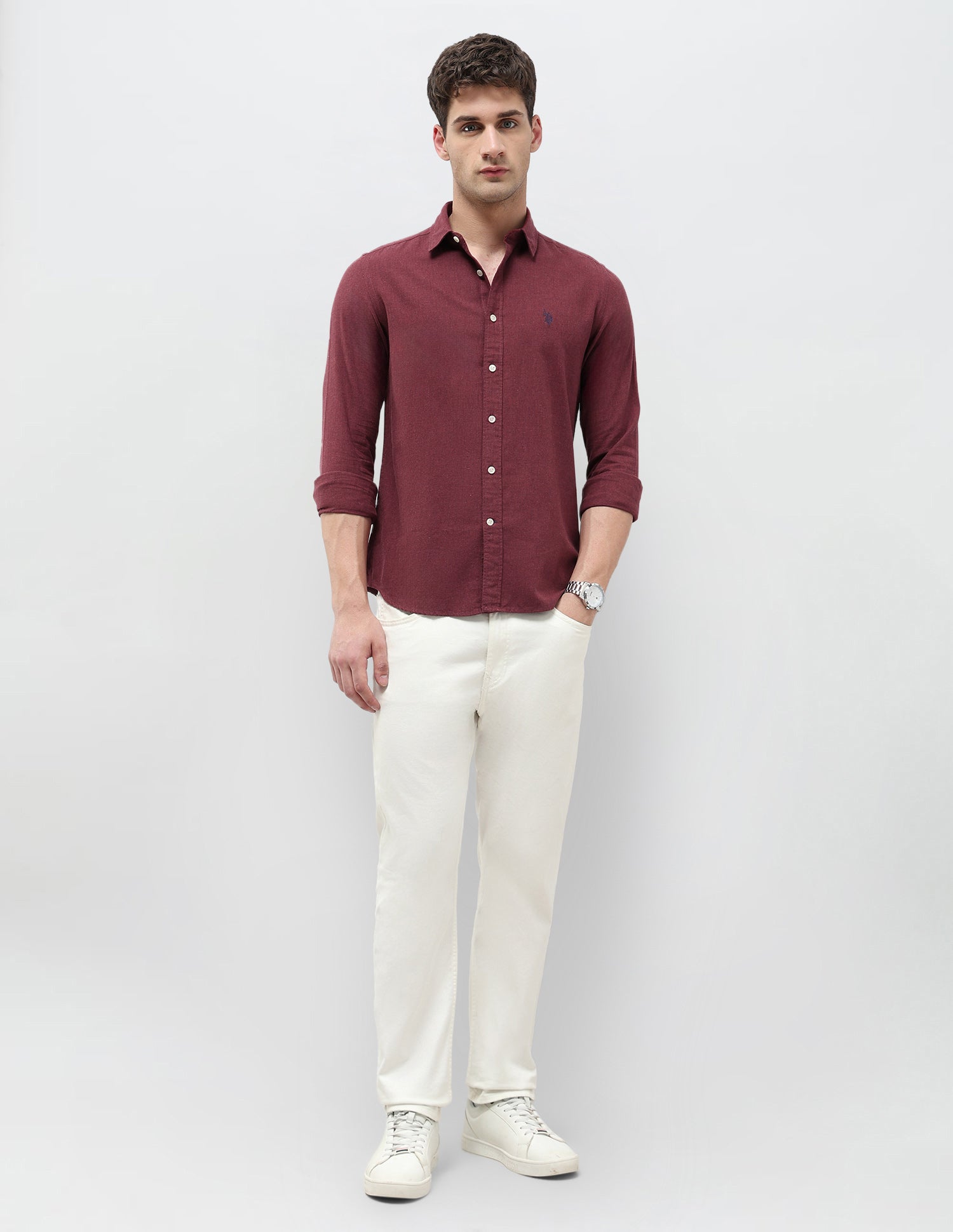 Twill Solid Regular Fit Shirt Maroon - U.S. POLO ASSN. | Large