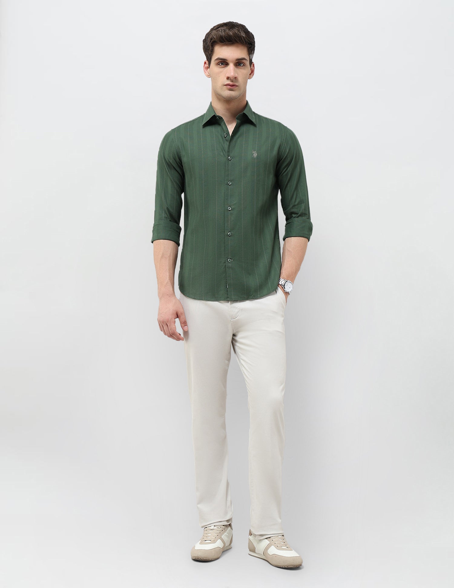 Regular Fit Textured With Vertical Striped Shirt Green - U.S. POLO ASSN. | Large