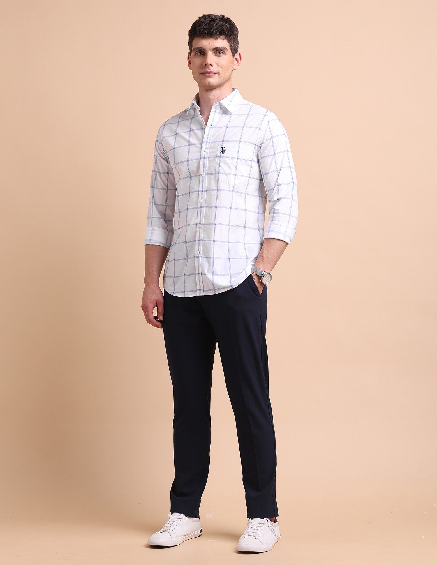 Tailored Fit Windowpane Checked Shirt White - U.S. Polo Assn. India | Large