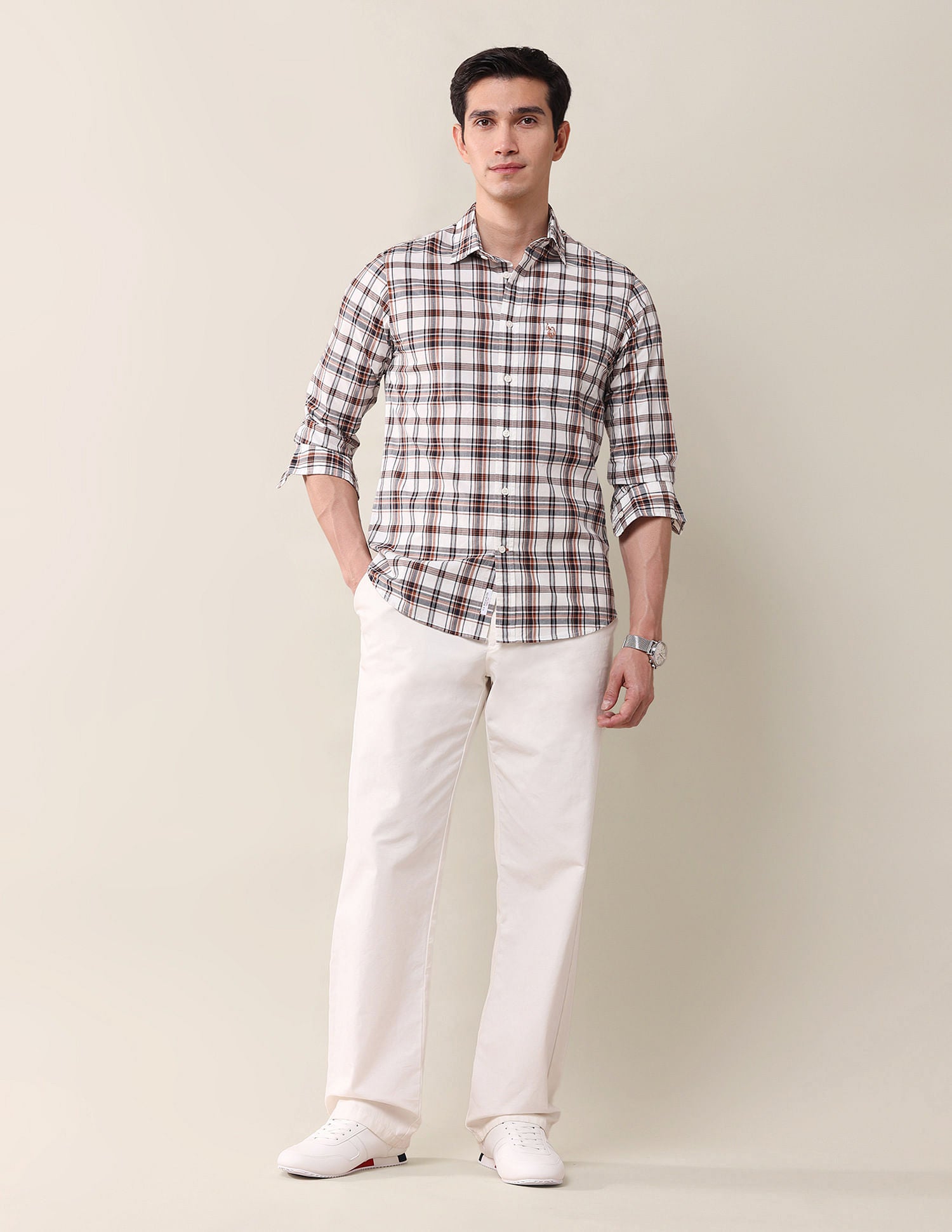 Tailored Fit Twill Checked Shirt Off White - U.S. Polo Assn. India | Large