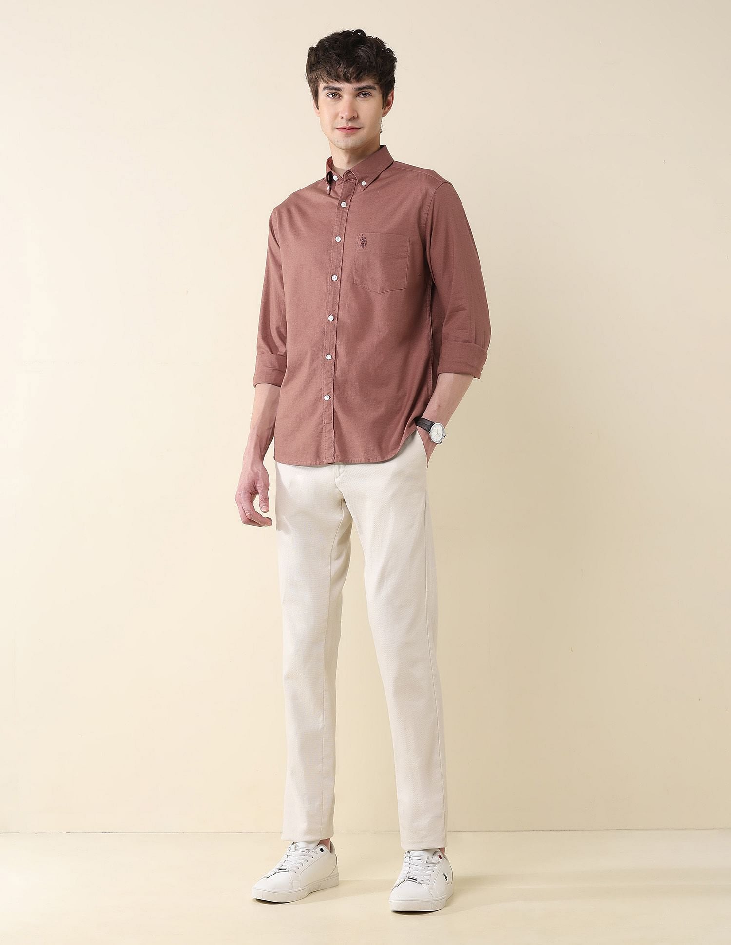 Solid Oxford Stretch Button Down Shirt Light Red - U.S. Polo Assn. India | Large