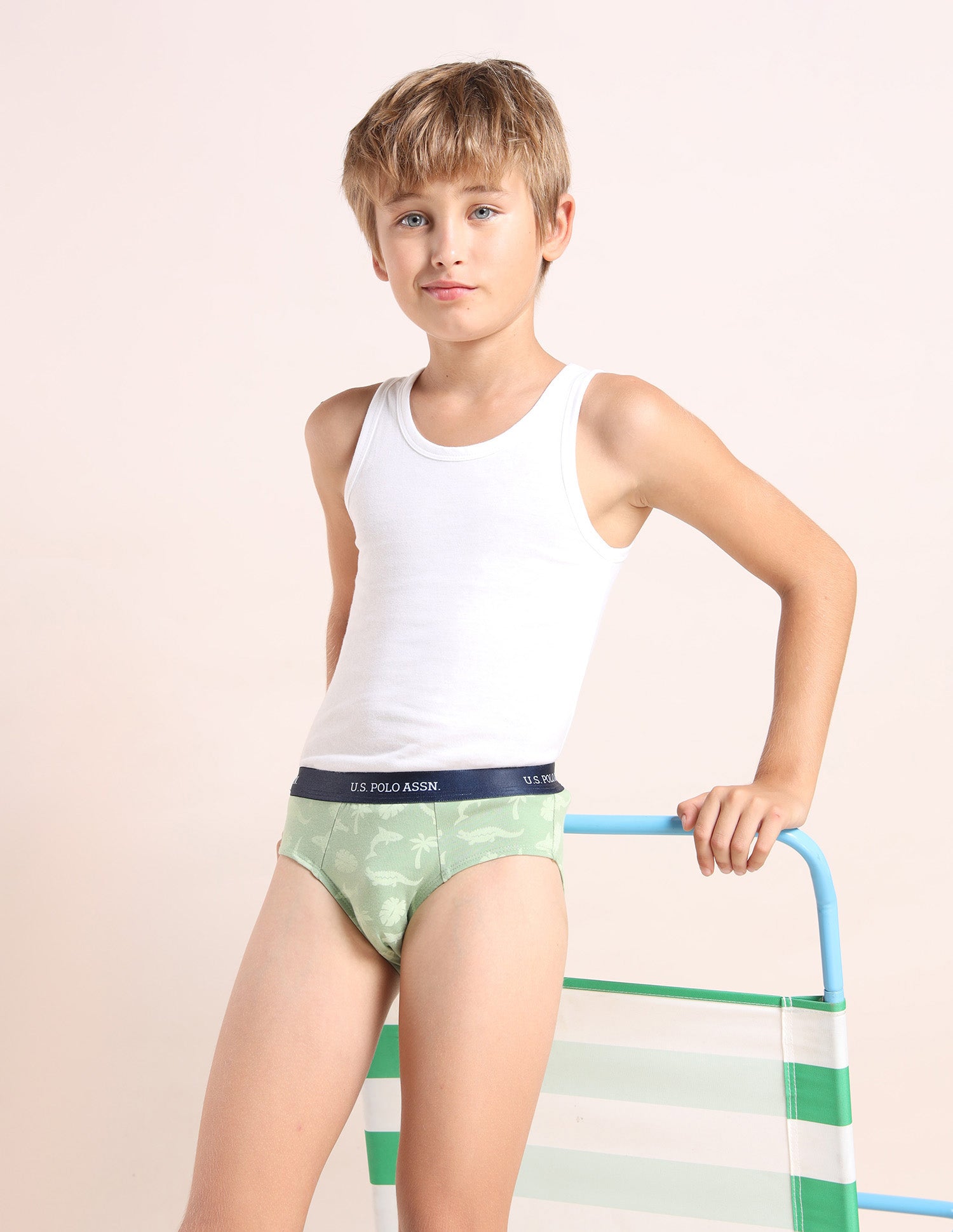 Boys Mid Rise Cotton Spandex Briefs - Pack Of 3 Navy, Green and Navy - U.S. POLO ASSN. | Large
