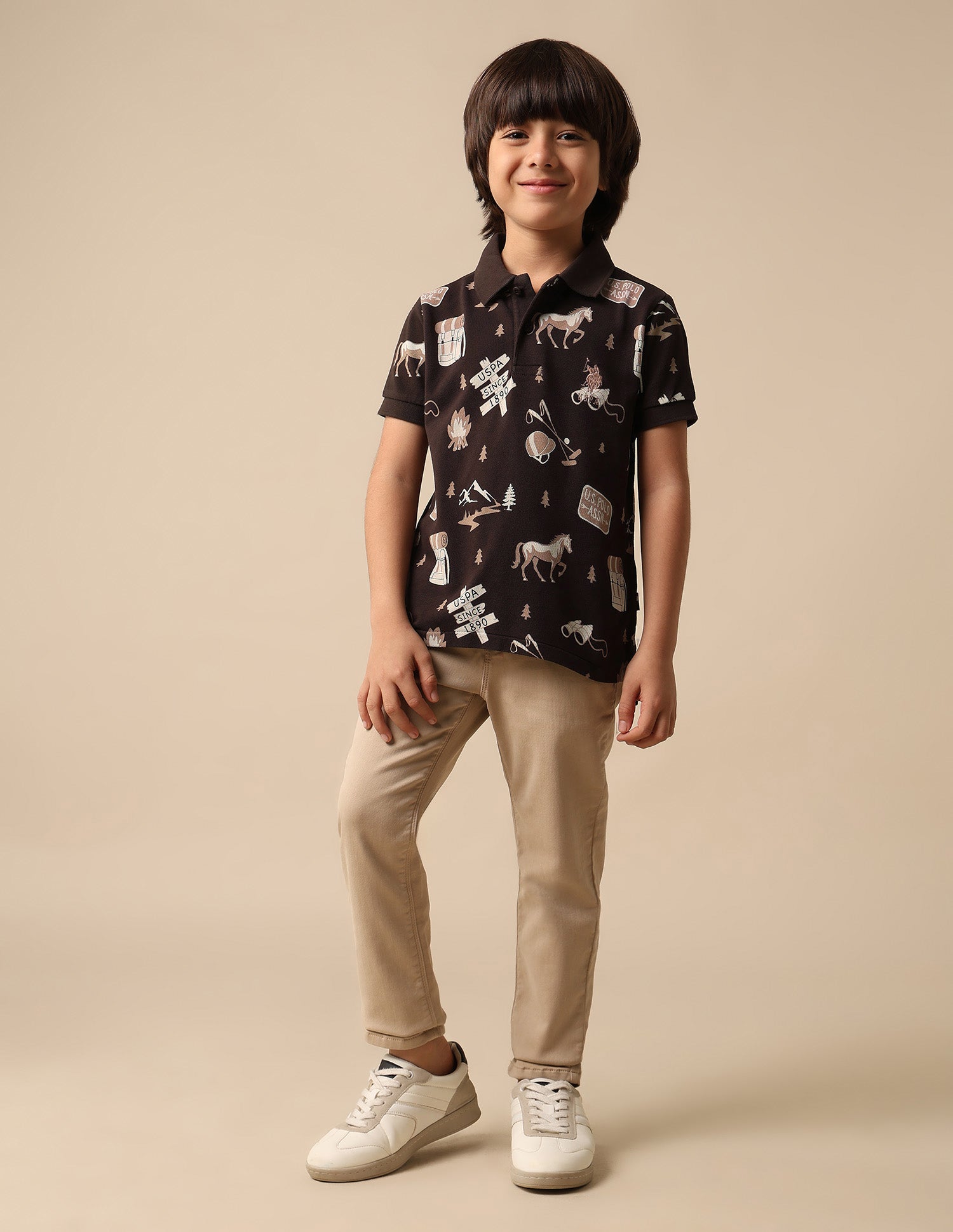 Boys All Over Printed Pure Cotton Polo Shirt Dark Brown - U.S. POLO ASSN. | Large