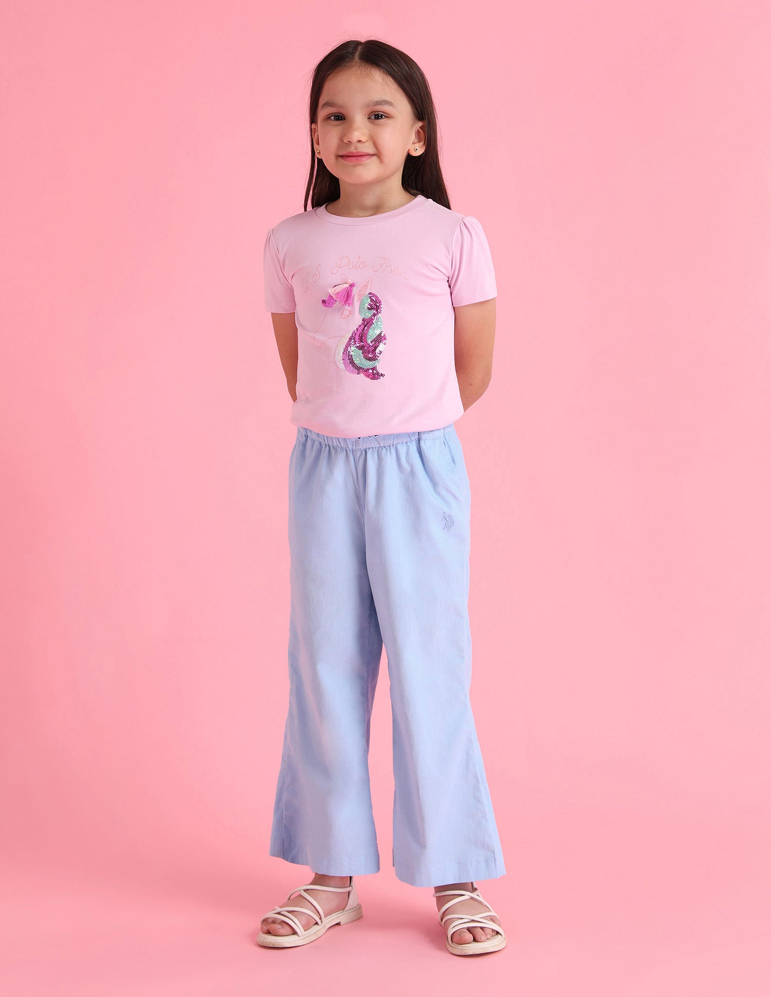 Girls Solid Flared Trousers Light Blue - U.S. POLO ASSN. | Large