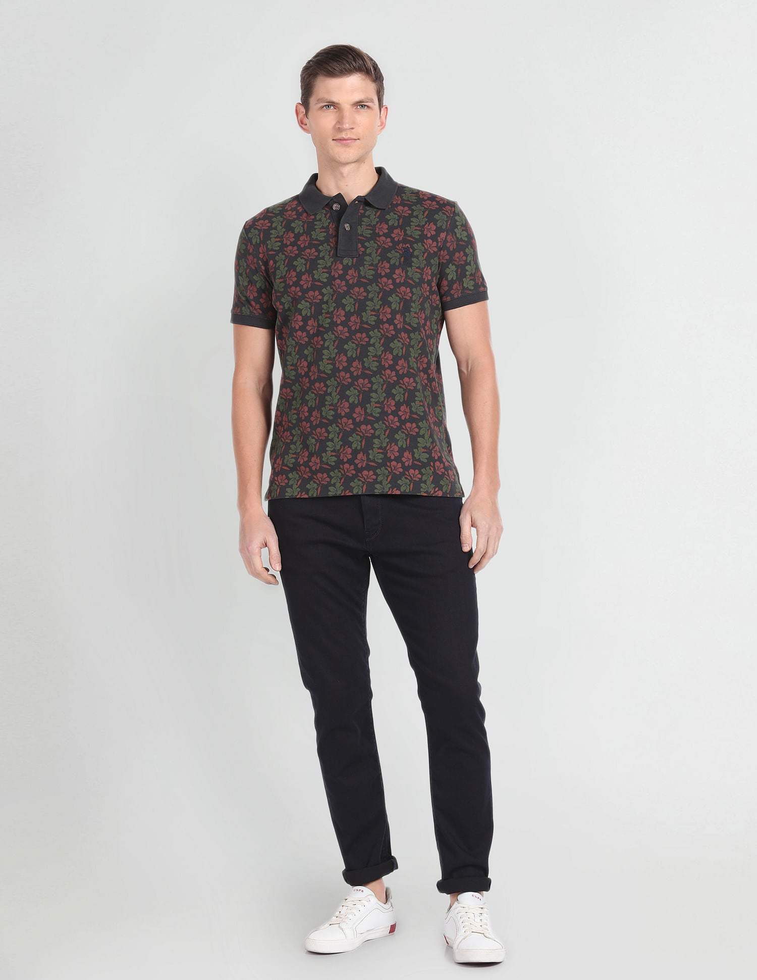 Floral Print Muscle Fit Polo Shirt Charcoal - U.S. Polo Assn. India | Large