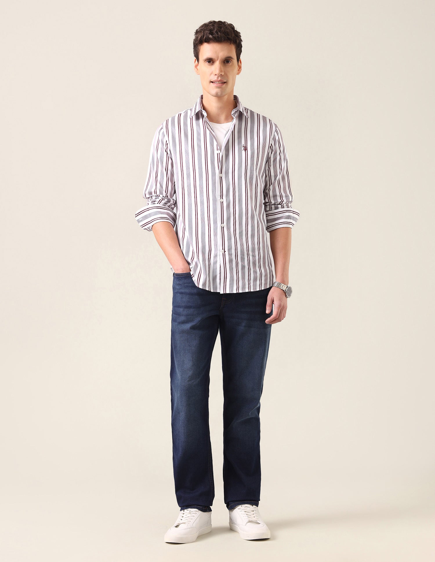 Vertical Striped Satin Shirt Maroon - U.S. Polo Assn. India | Large