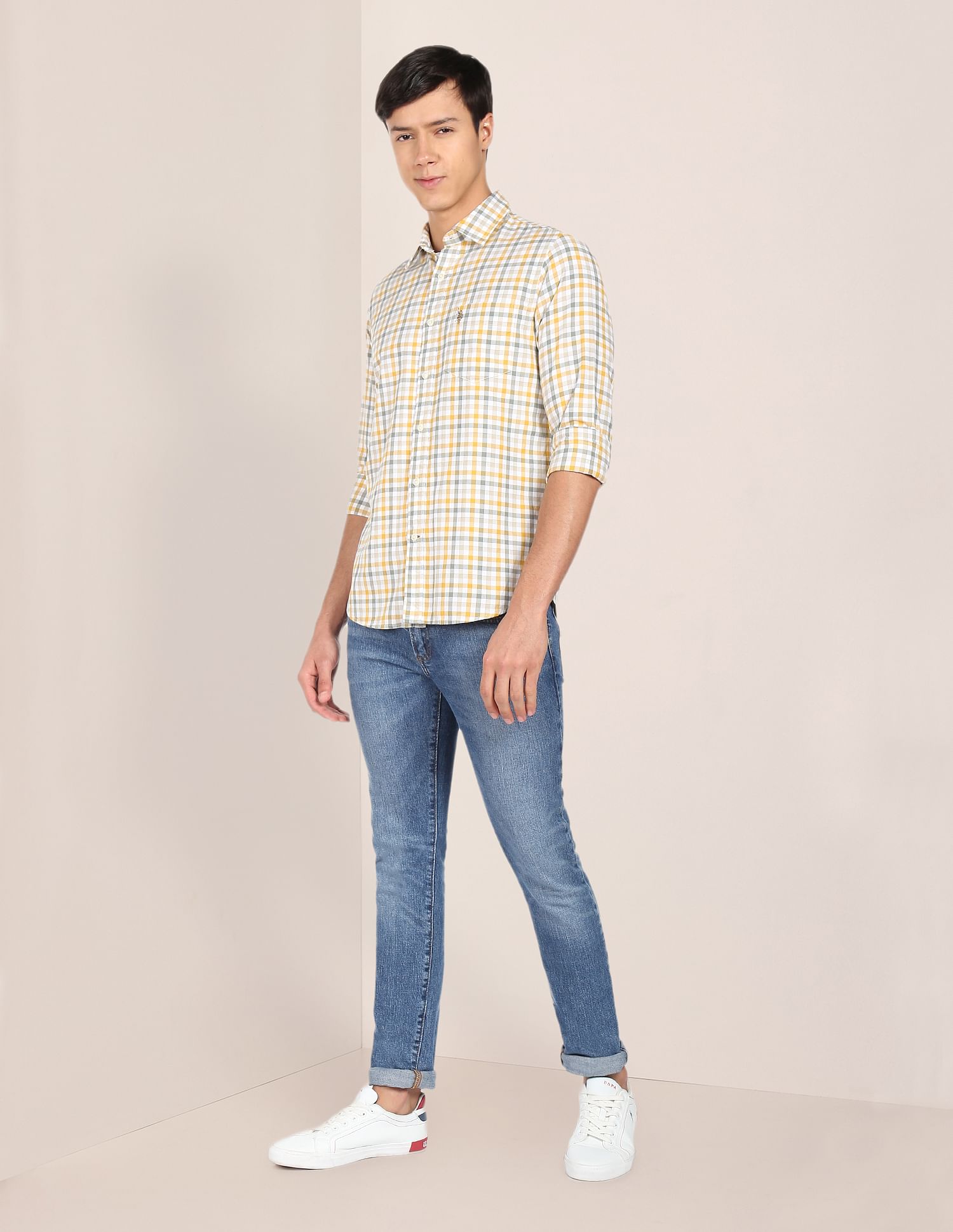 Grid Tattersall Check Cotton Casual Shirt Mustard and Green - U.S. POLO ASSN. | Large