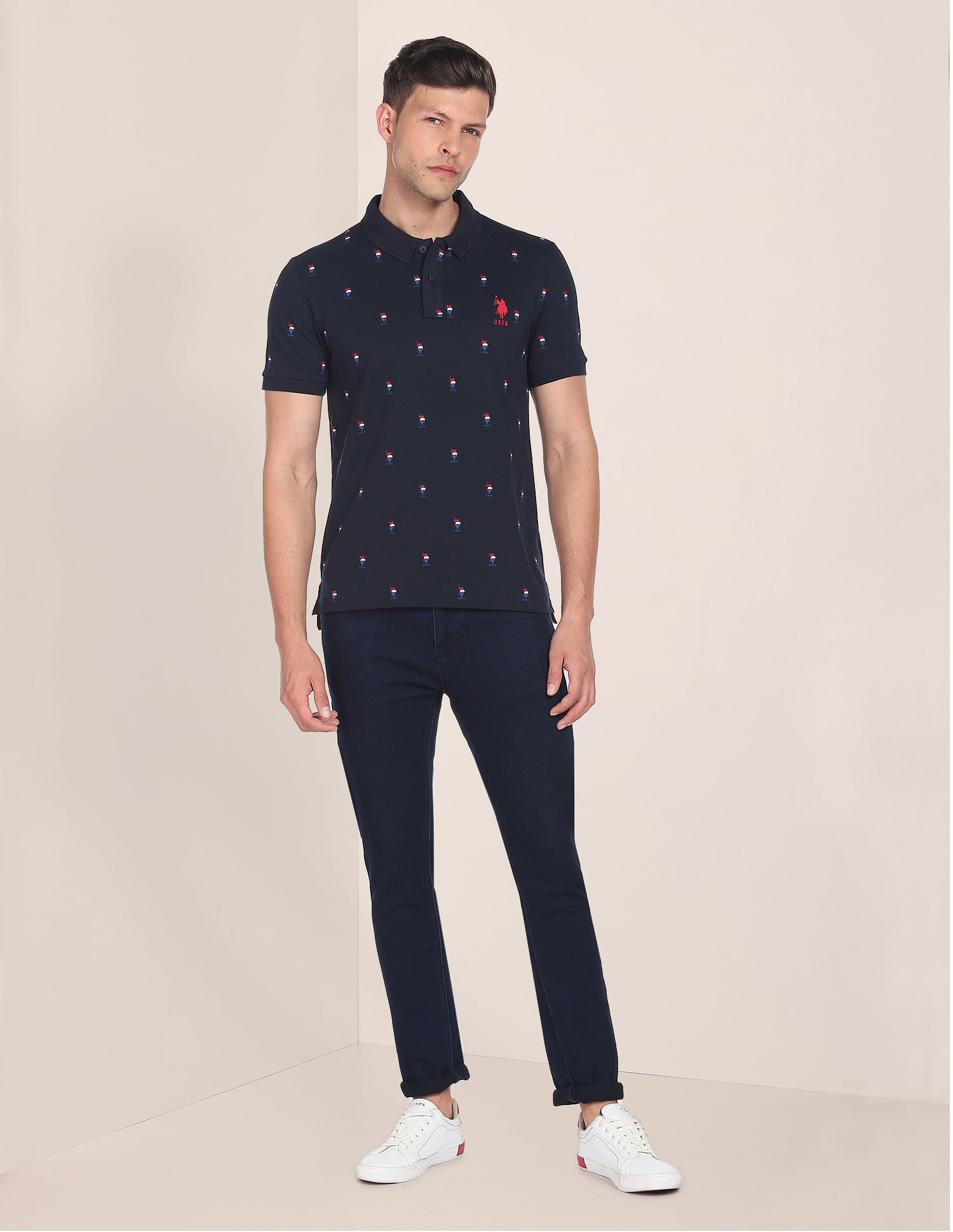 Monogram Print Cotton Polo Shirt Navy - U.S. Polo Assn. India | Large