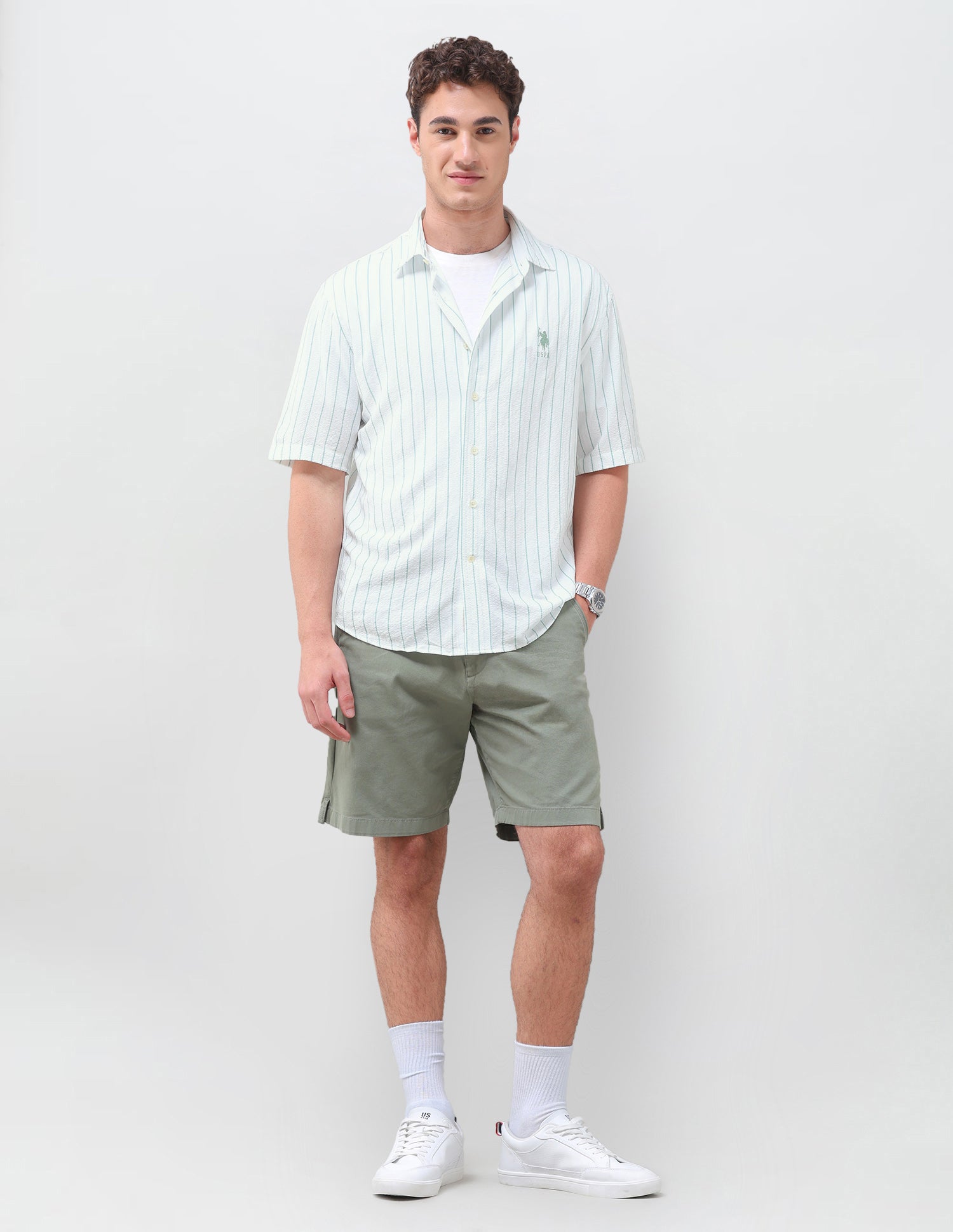 Vertical Striped Crinkle Weave Shirt Green - U.S. Polo Assn. India | Large