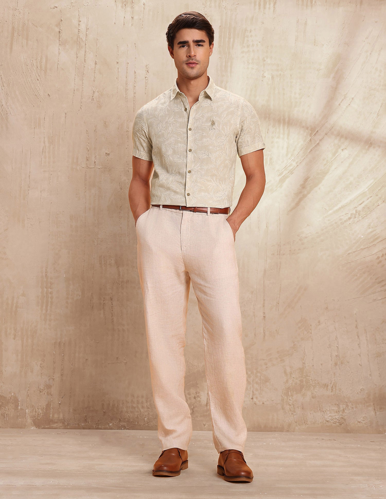 Tropical Printed Slim Fit Shirt Beige - U.S. POLO ASSN. | Large