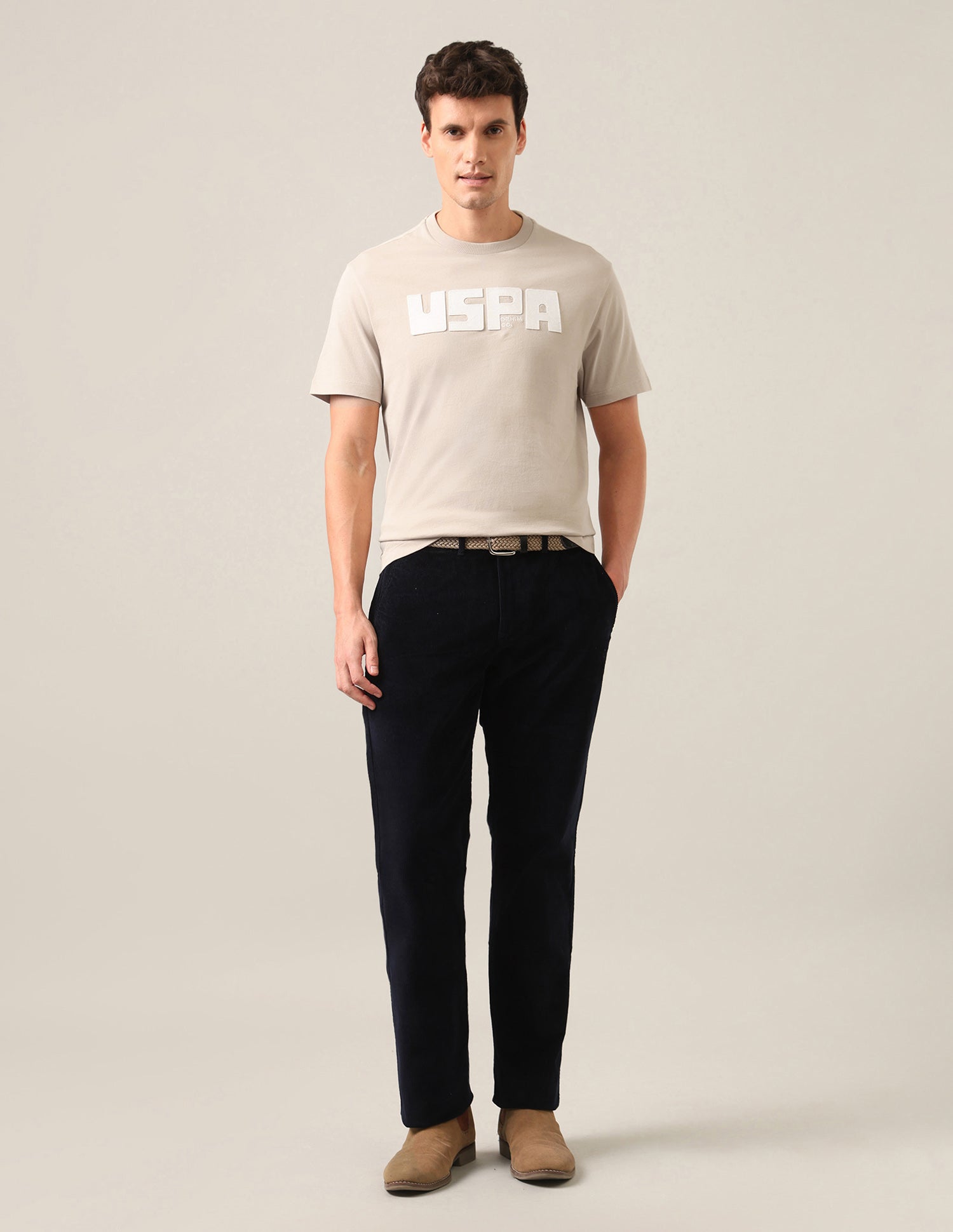 Brand Embossed Regular Fit T-Shirt Beige - U.S. Polo Assn. India | Large