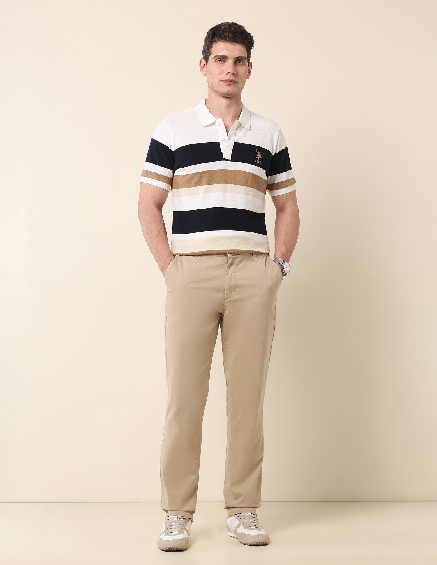 Horizontal Striped Gold Cup Polo Shirt Off White - U.S. POLO ASSN. | Large