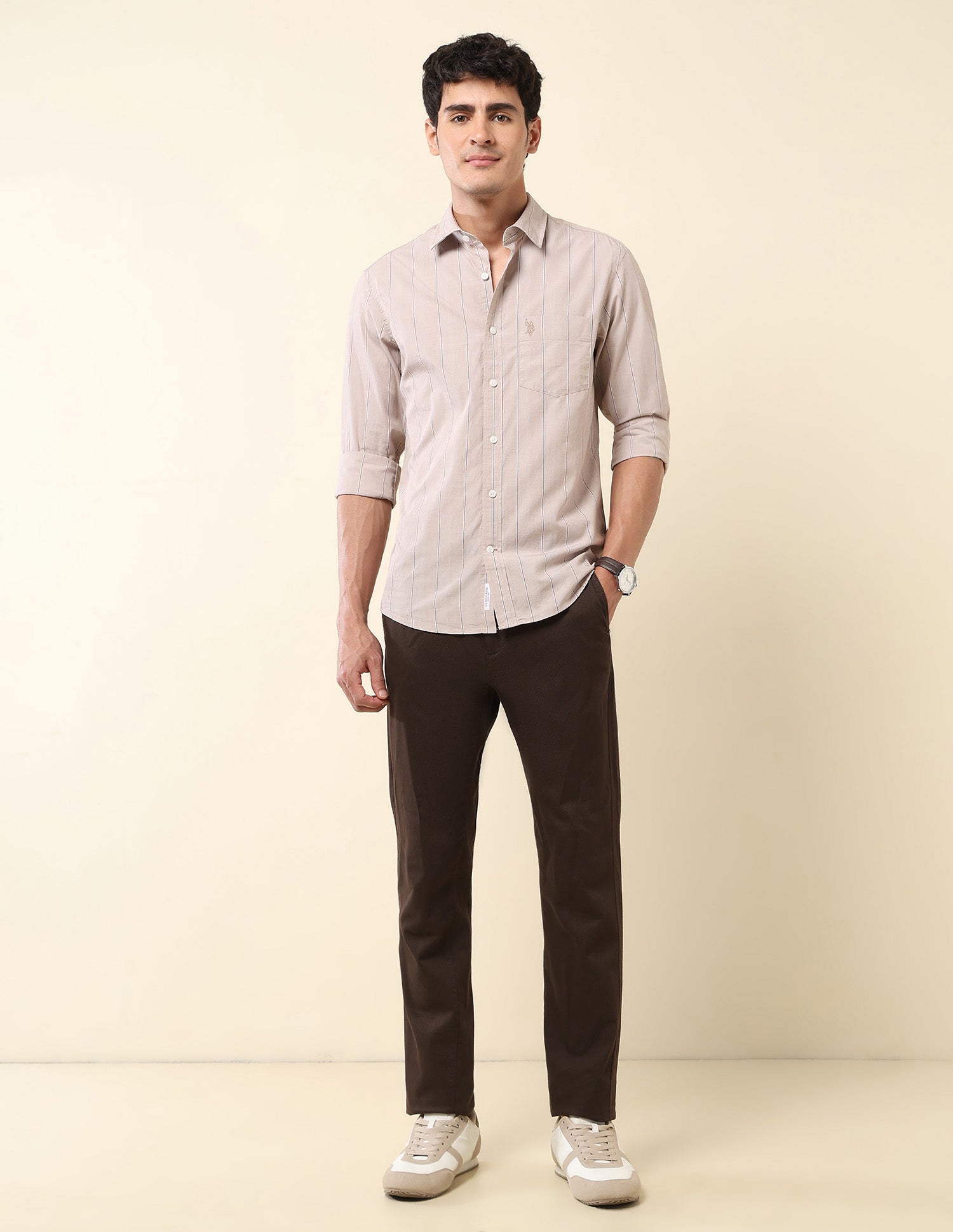 Vertical Striped Pure Cotton Shirt Beige - U.S. Polo Assn. India | Large