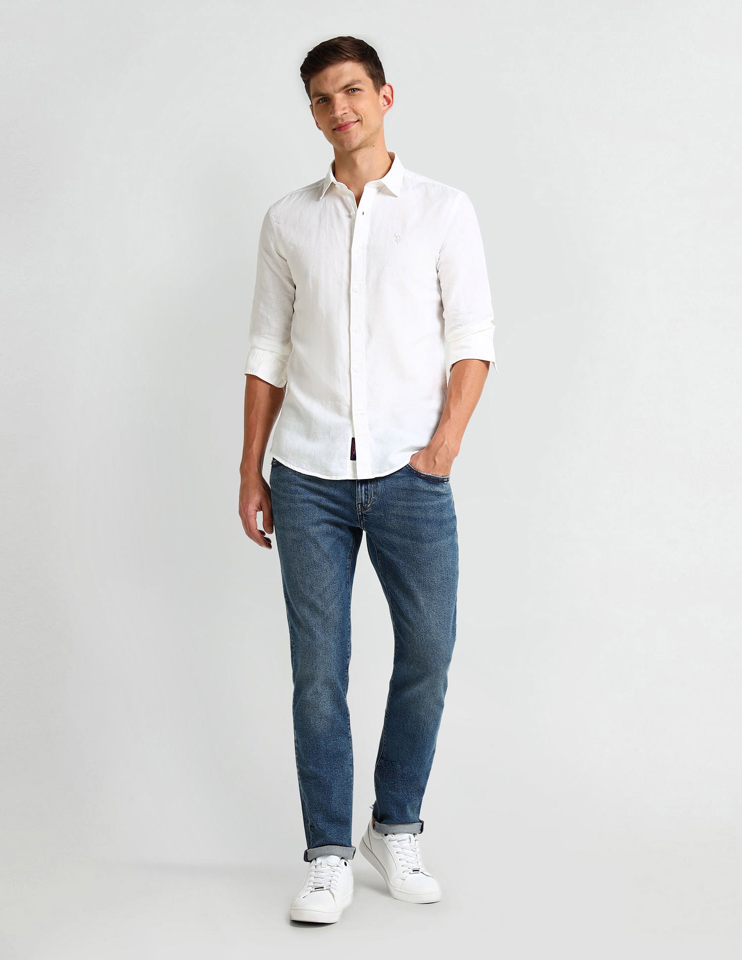 Slim Fit Poplin Linen Shirt White - U.S. Polo Assn. India | Large