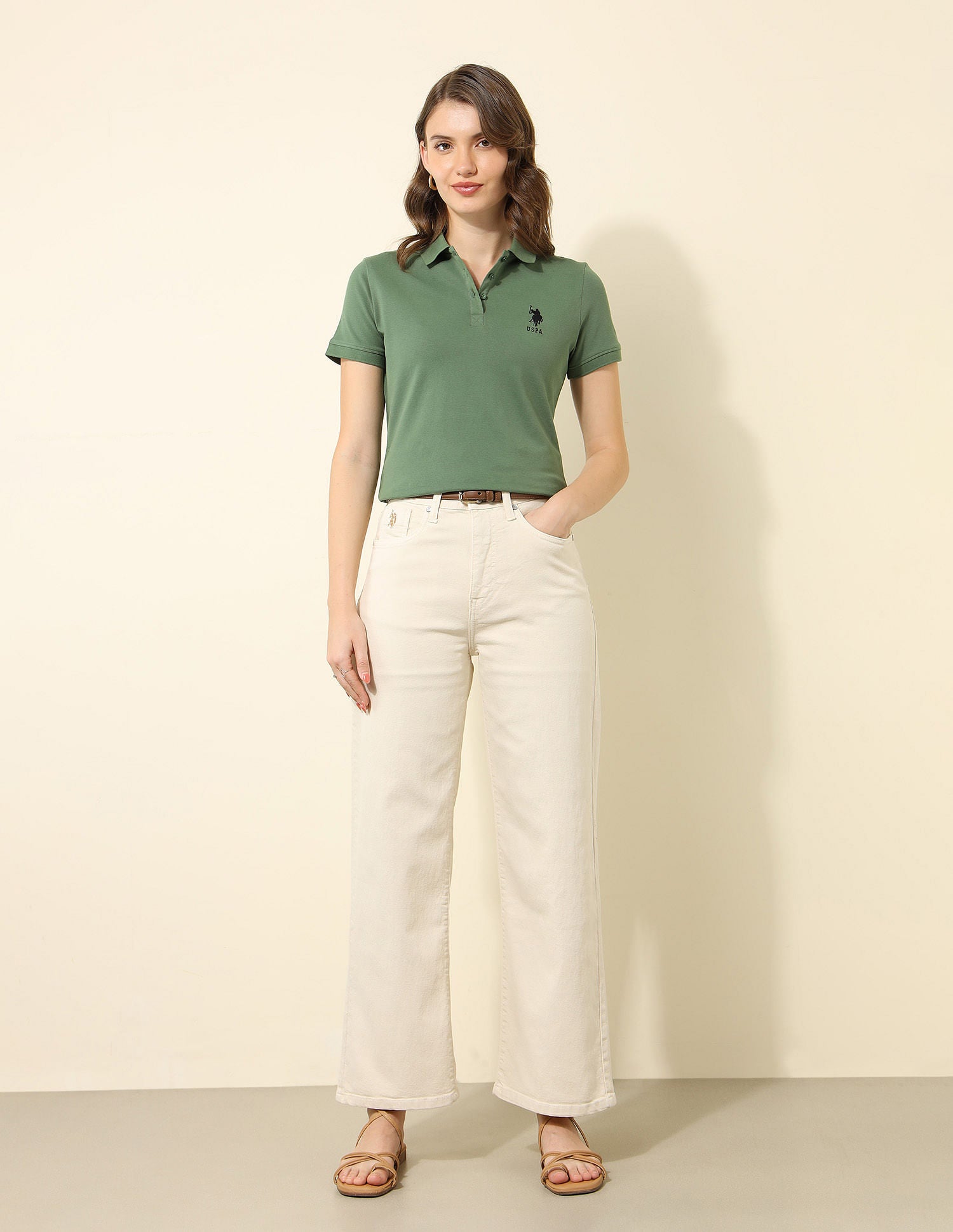 High Rise Wide Leg Jeans Ecru - U.S. POLO ASSN. | Large