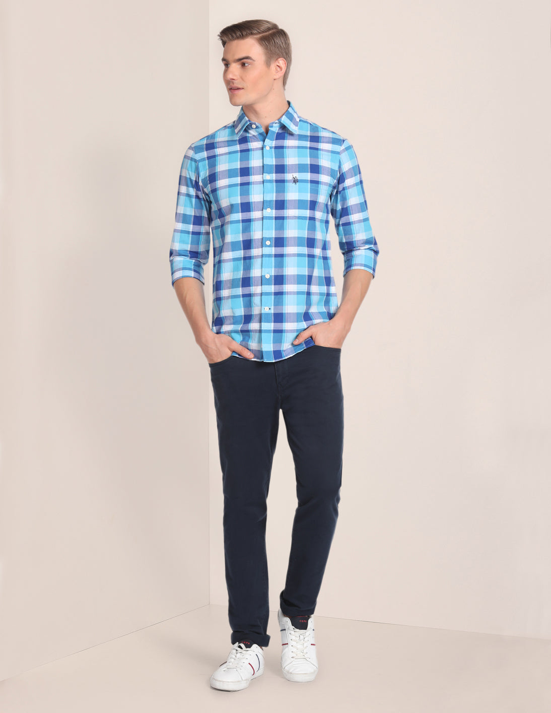 Spread Collar Checked Shirt Blue - U.S. Polo Assn. India | Large