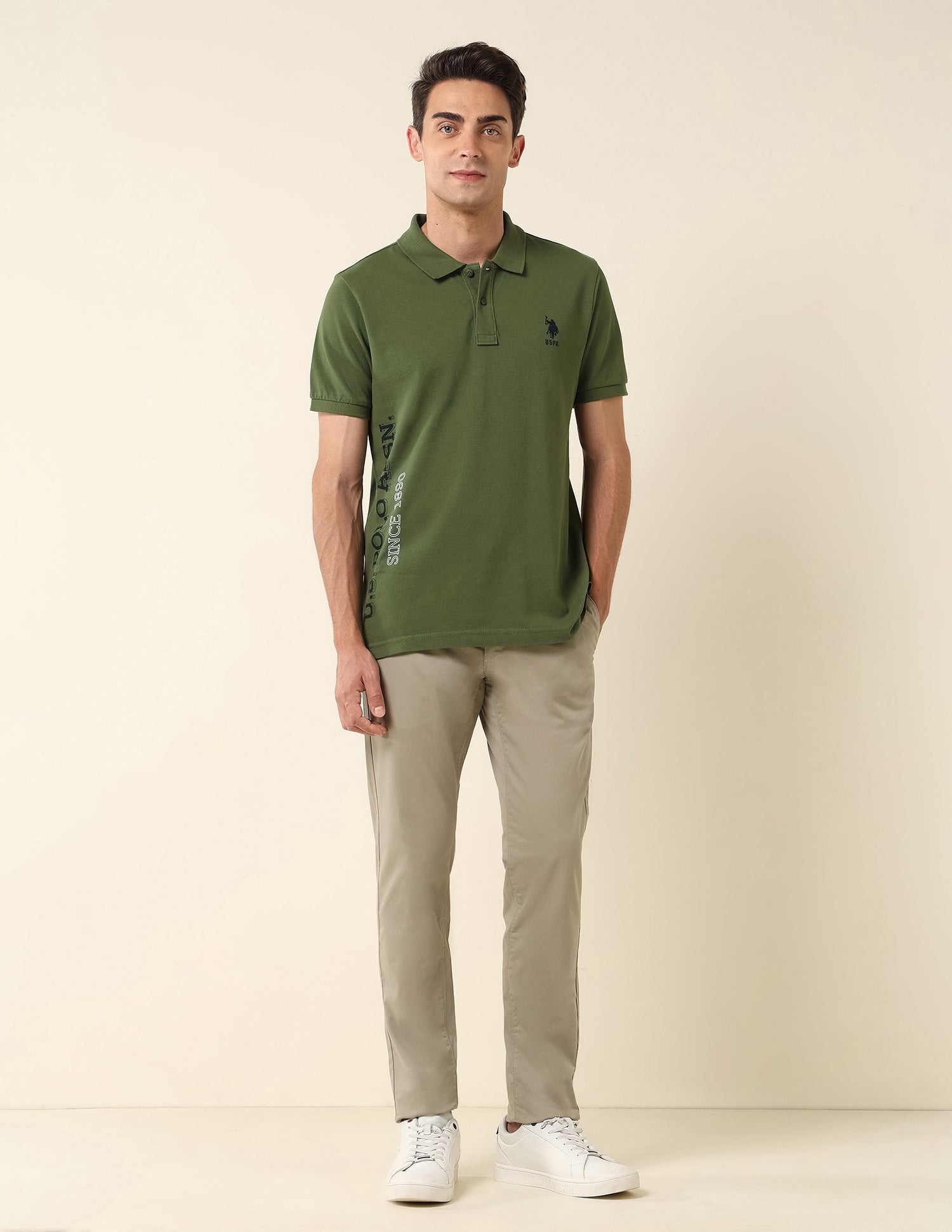 Brand Printed Pure Cotton Polo Shirt Olive - U.S. Polo Assn. India | Large