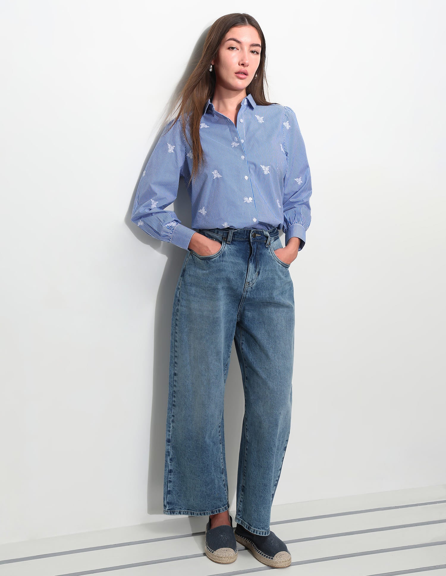 Relaxed Striped Shirt With Embroidery Blue - U.S. Polo Assn. India | Large