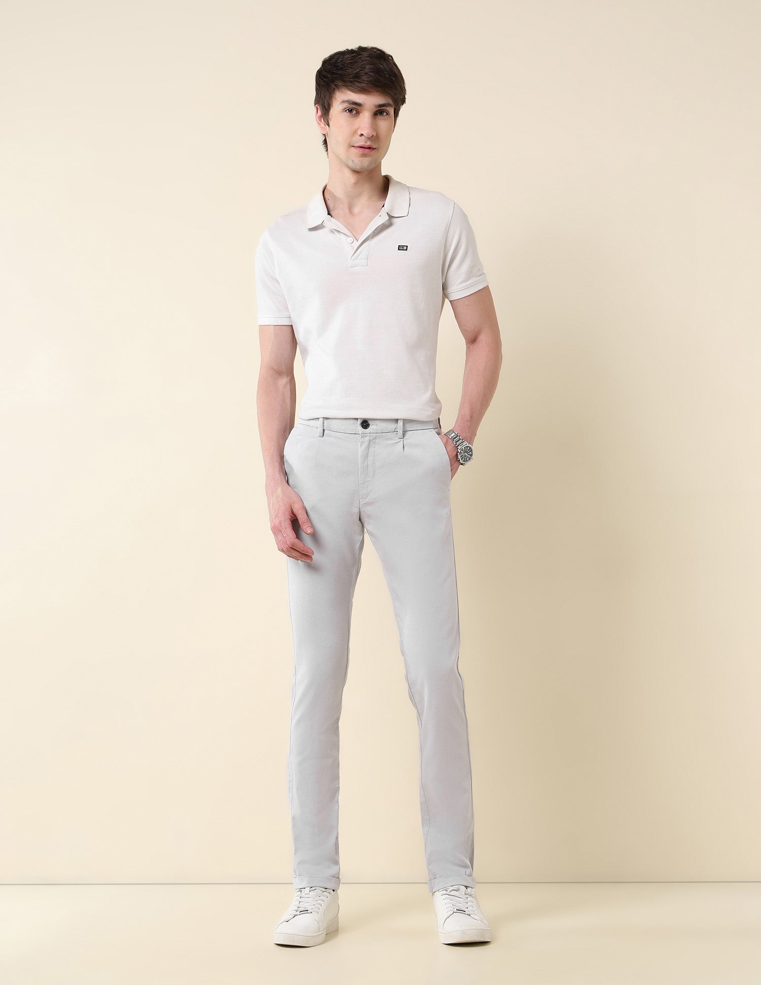 Solid Denver Slim Fit Twill Trousers Light Grey - U.S. Polo Assn. India | Large