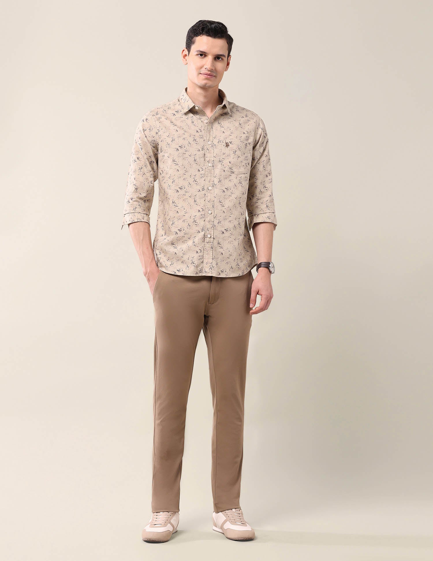 Tailored Fit All-Over Printed Shirt Beige - U.S. Polo Assn. India | Large