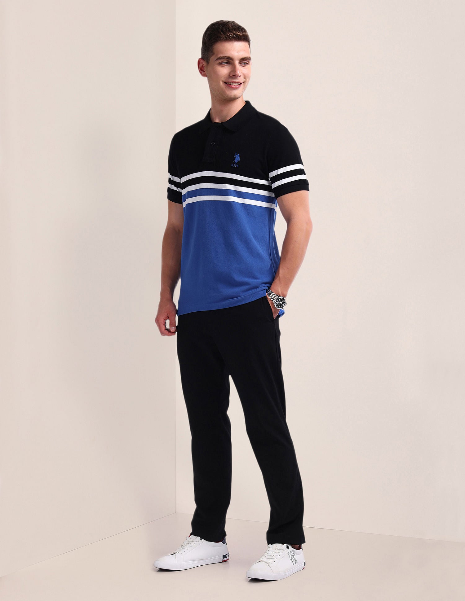 Colour Block Pique Polo Shirt Black and Blue - U.S. Polo Assn. India | Large