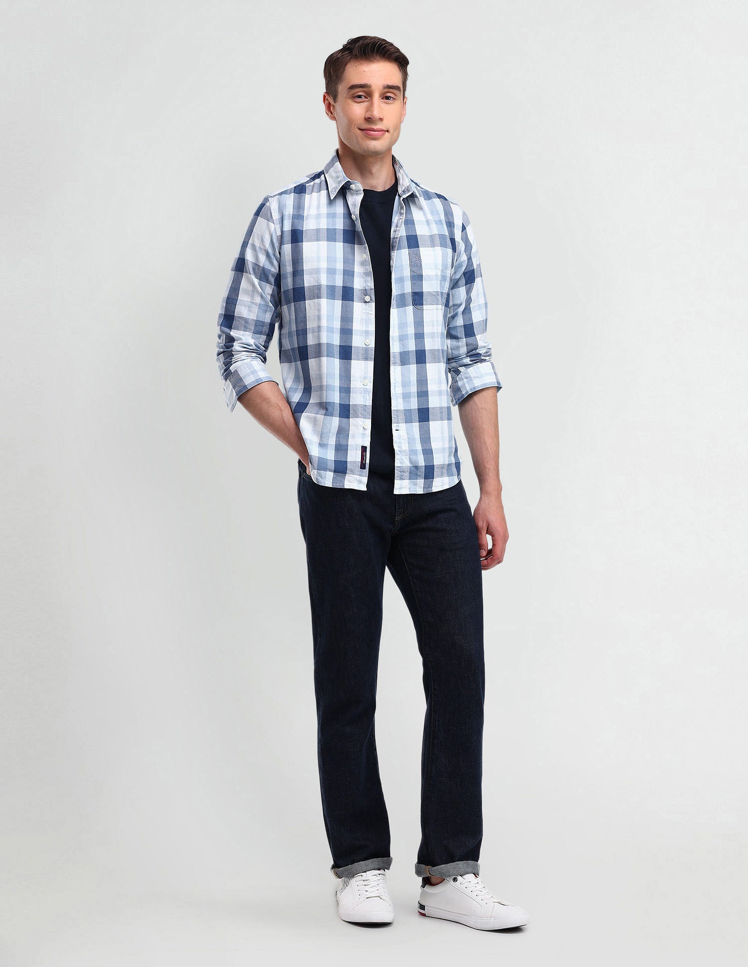 Slim Fit Checked Shirt Light-Blue - U.S. Polo Assn. India | Large