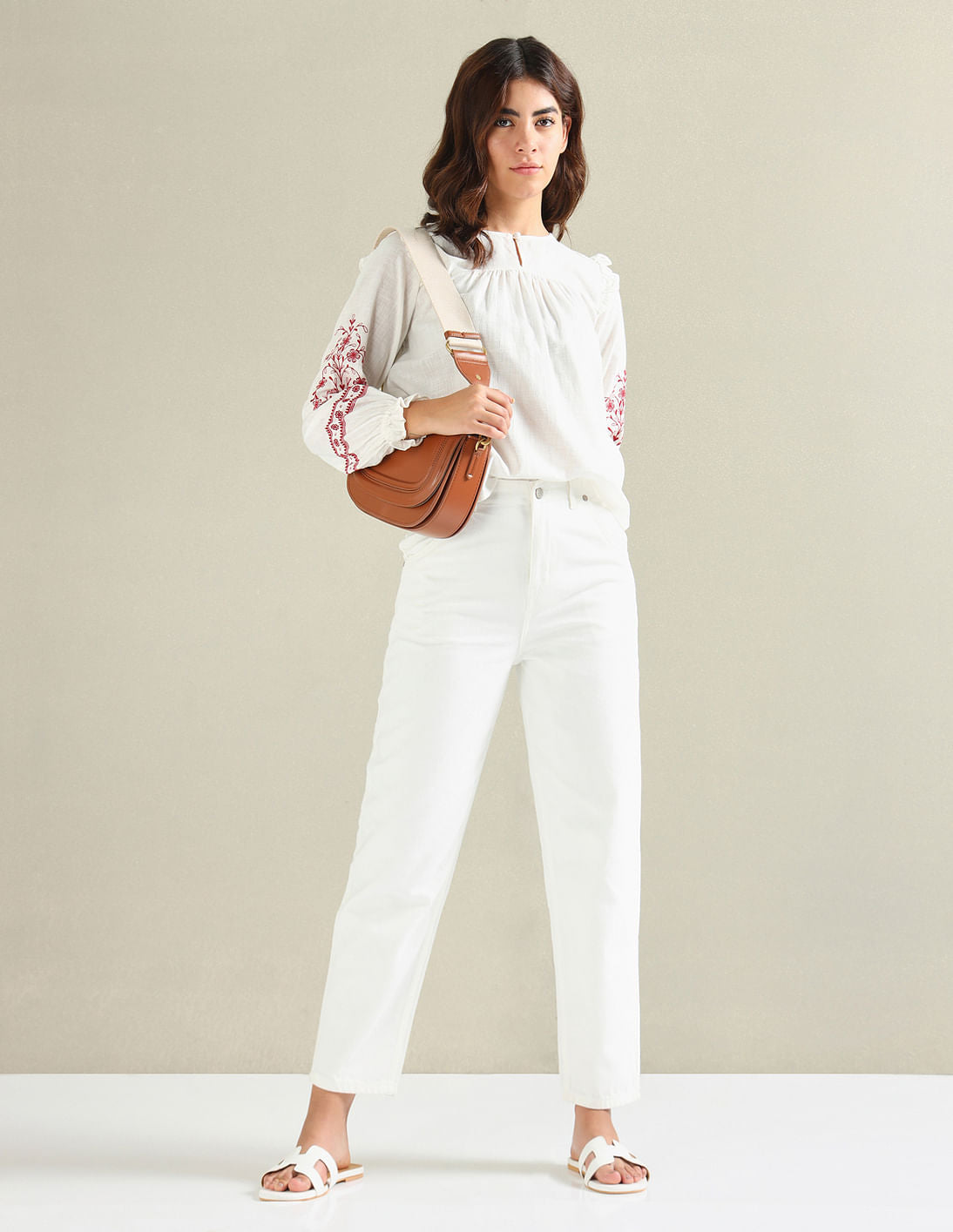 Embroidered Sleeve Cotton Flax Top White - U.S. Polo Assn. India | Large