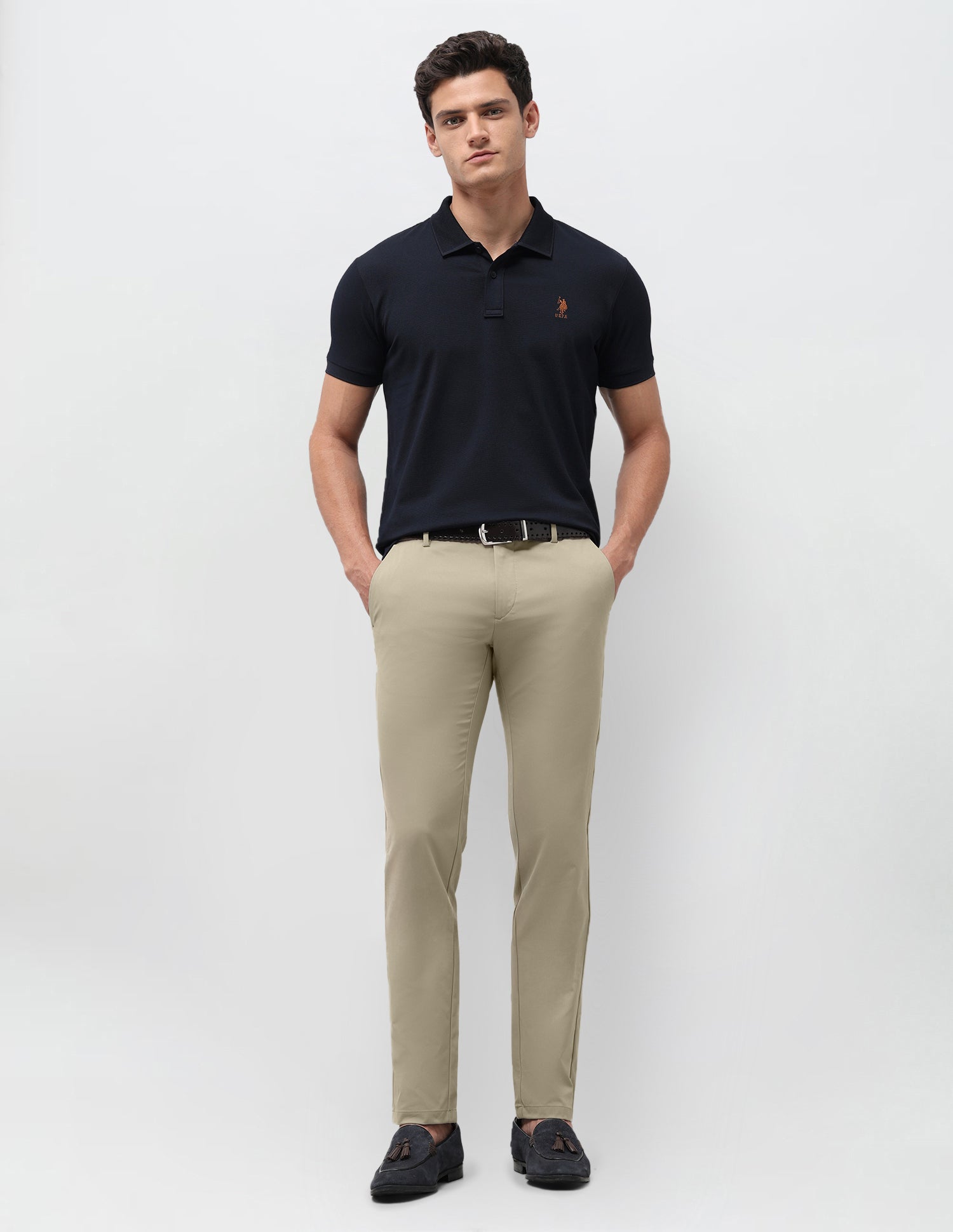 Denver Slim Fit Mid Rise Trousers Light Khaki - U.S. Polo Assn. India | Large