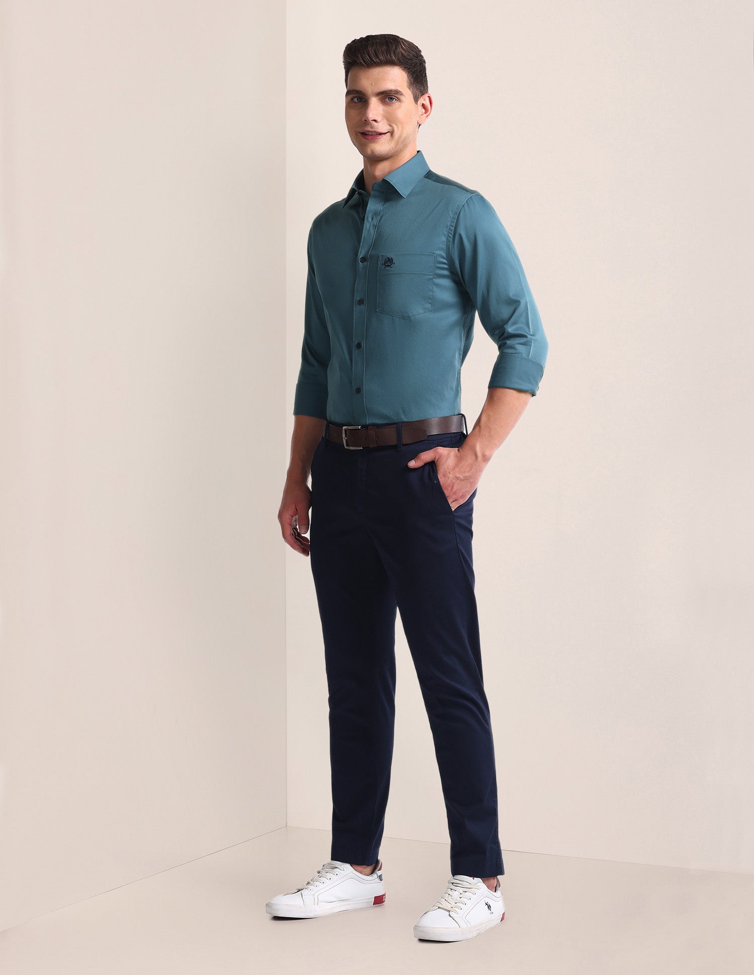 Regular Fit Solid Cotton Casual Shirt Teal - U.S. Polo Assn. India | Large