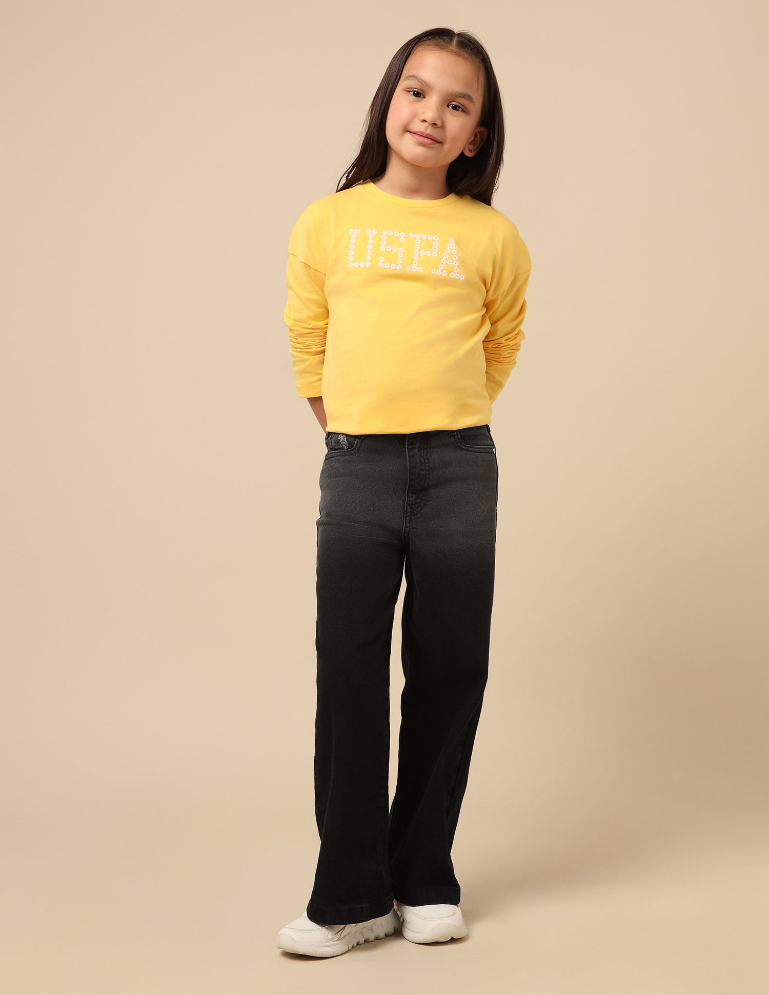 Girls Wide Leg Fit Stone Washed Jeans Black - U.S. POLO ASSN. | Large