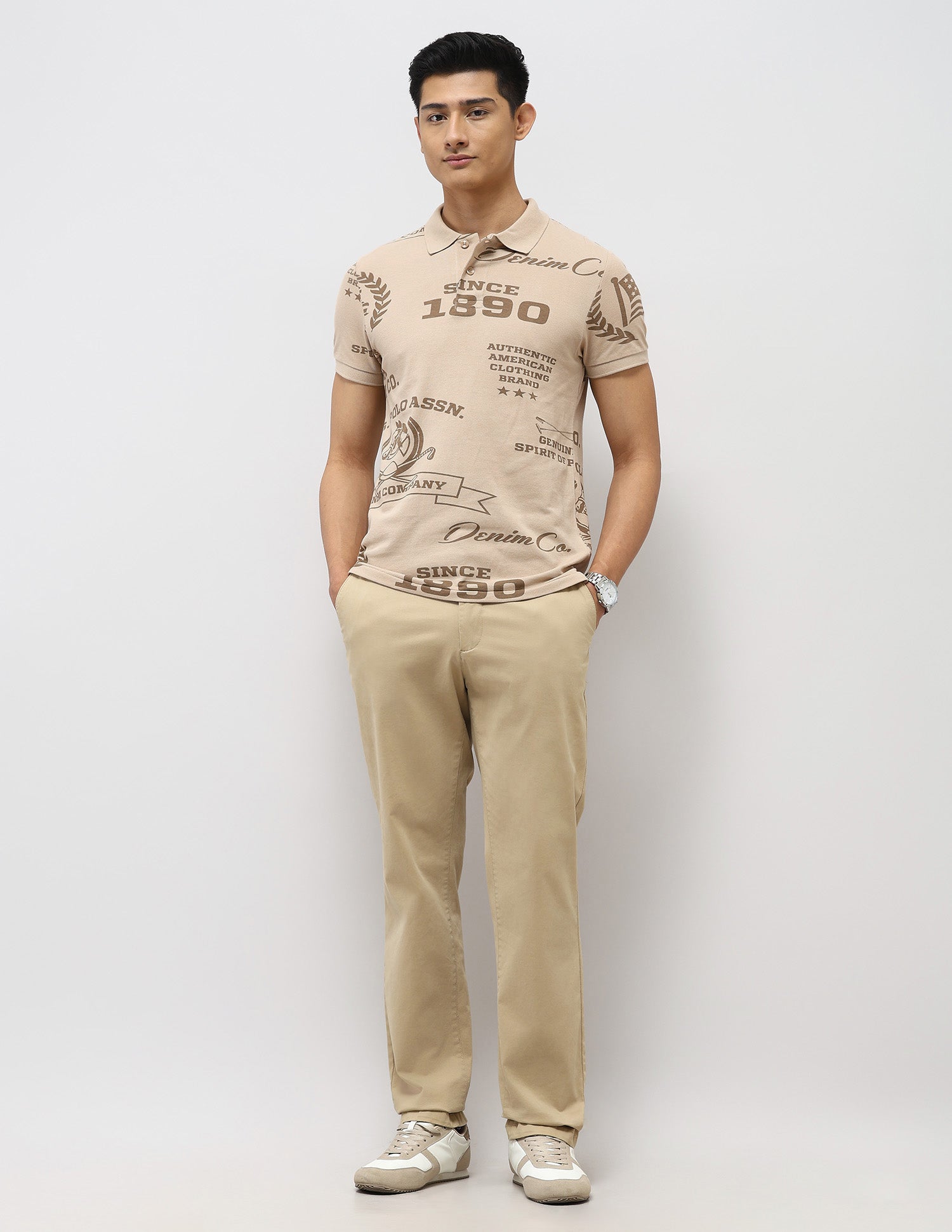 Brand Printed Muscle Fit Polo Shirt Beige - U.S. Polo Assn. India | Large