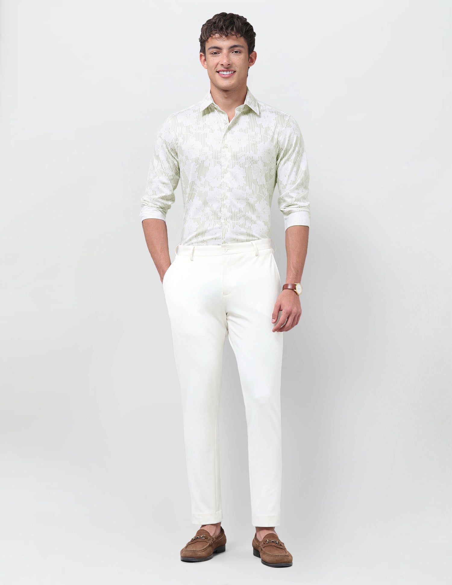Vertical Striped With Floral Printed Satin Shirt Beige - U.S. Polo Assn. India | Large