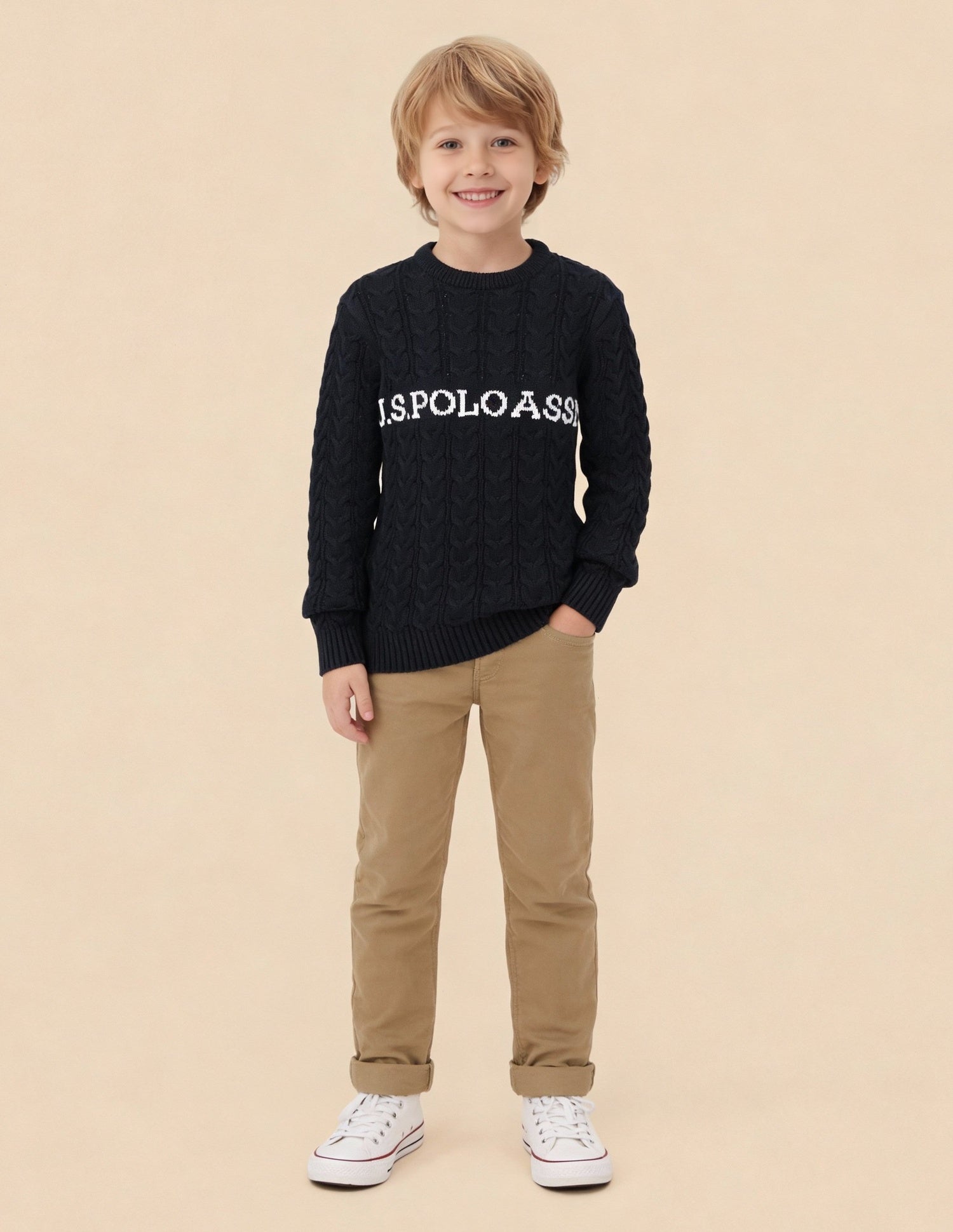 Boys Cable Knit Logo Regular Fit Sweater Navy - U.S. Polo Assn. India | Large