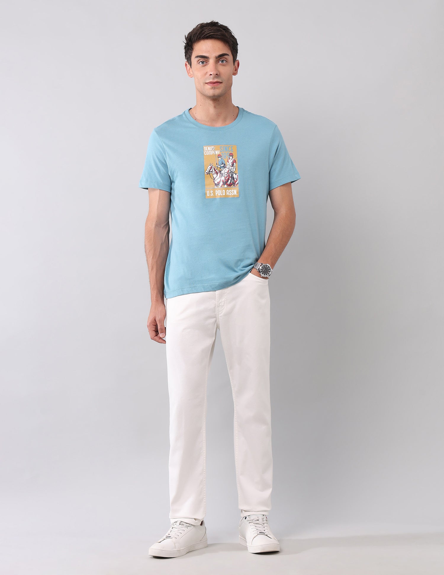 Graphic Printed Muscle Fit T-Shirt Light Blue - U.S. Polo Assn. India | Large