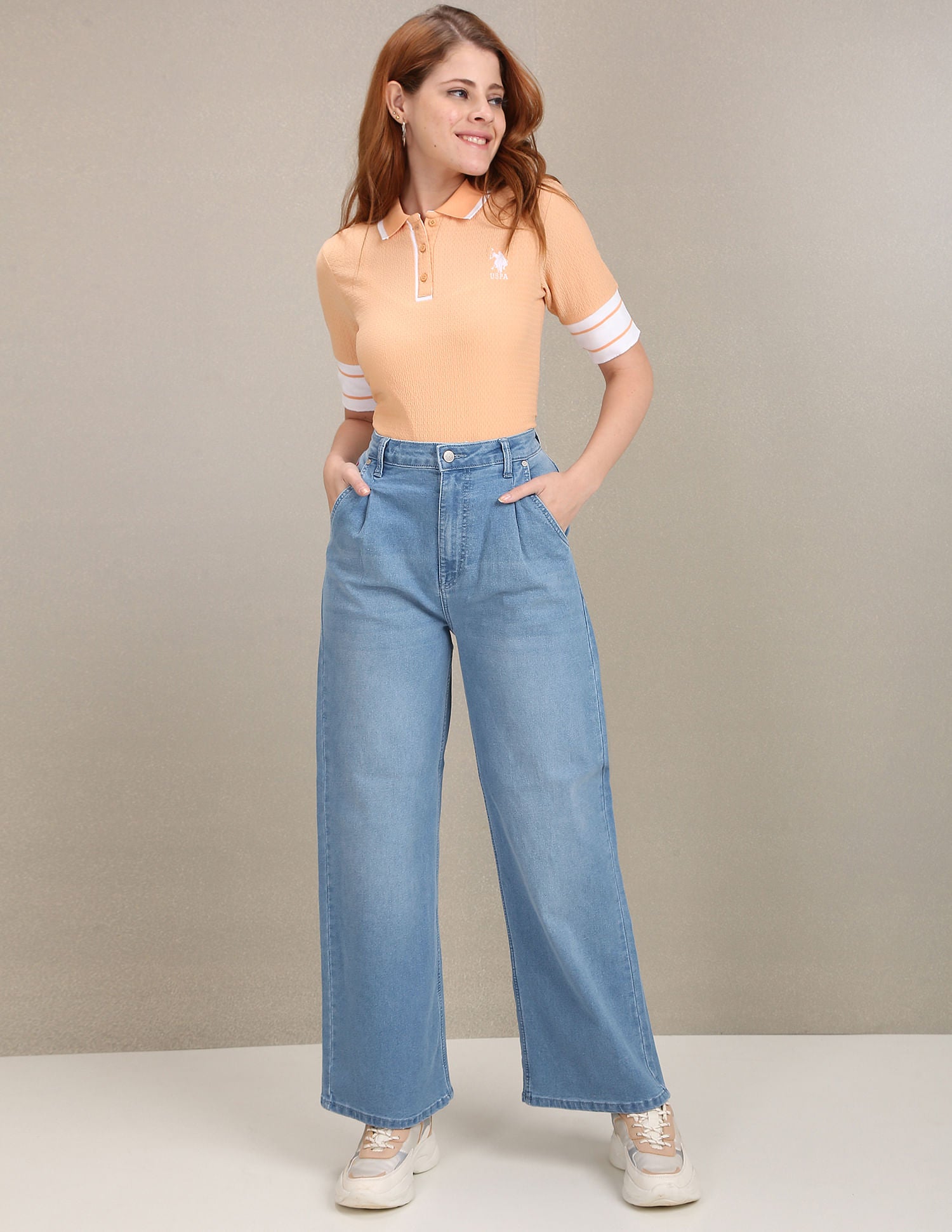 High Rise Pleated Wide Leg Jeans Light Blue - U.S. POLO ASSN. | Large