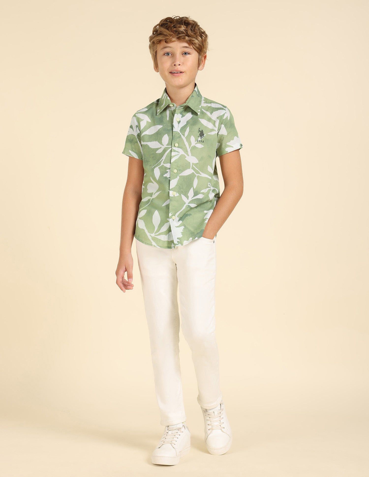 Boys Regular Fit Tropical Printed Shirt Green - U.S. POLO ASSN. | Large
