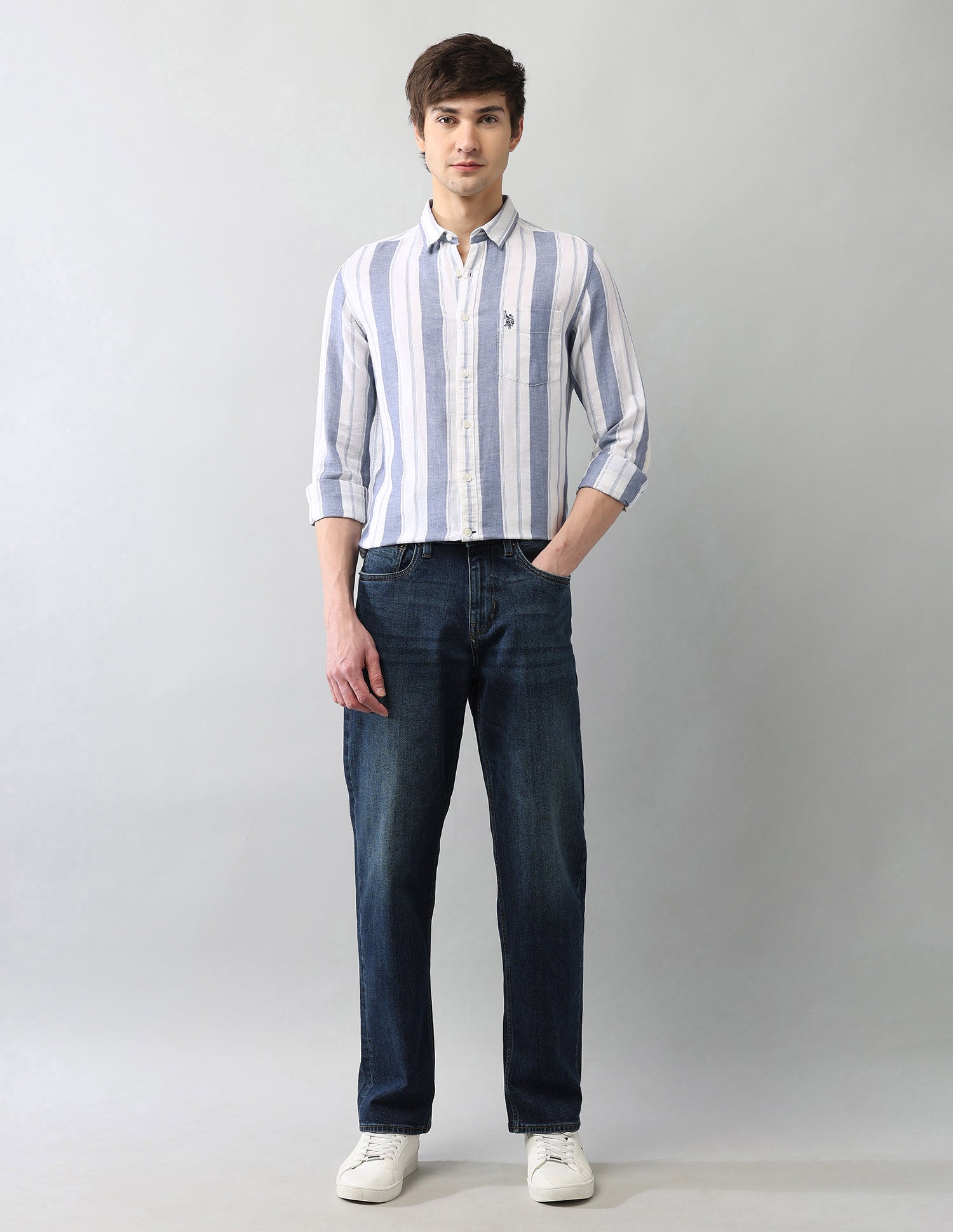 Vertical Striped Regular Fit Dobby Shirt Blue - U.S. Polo Assn. India | Large