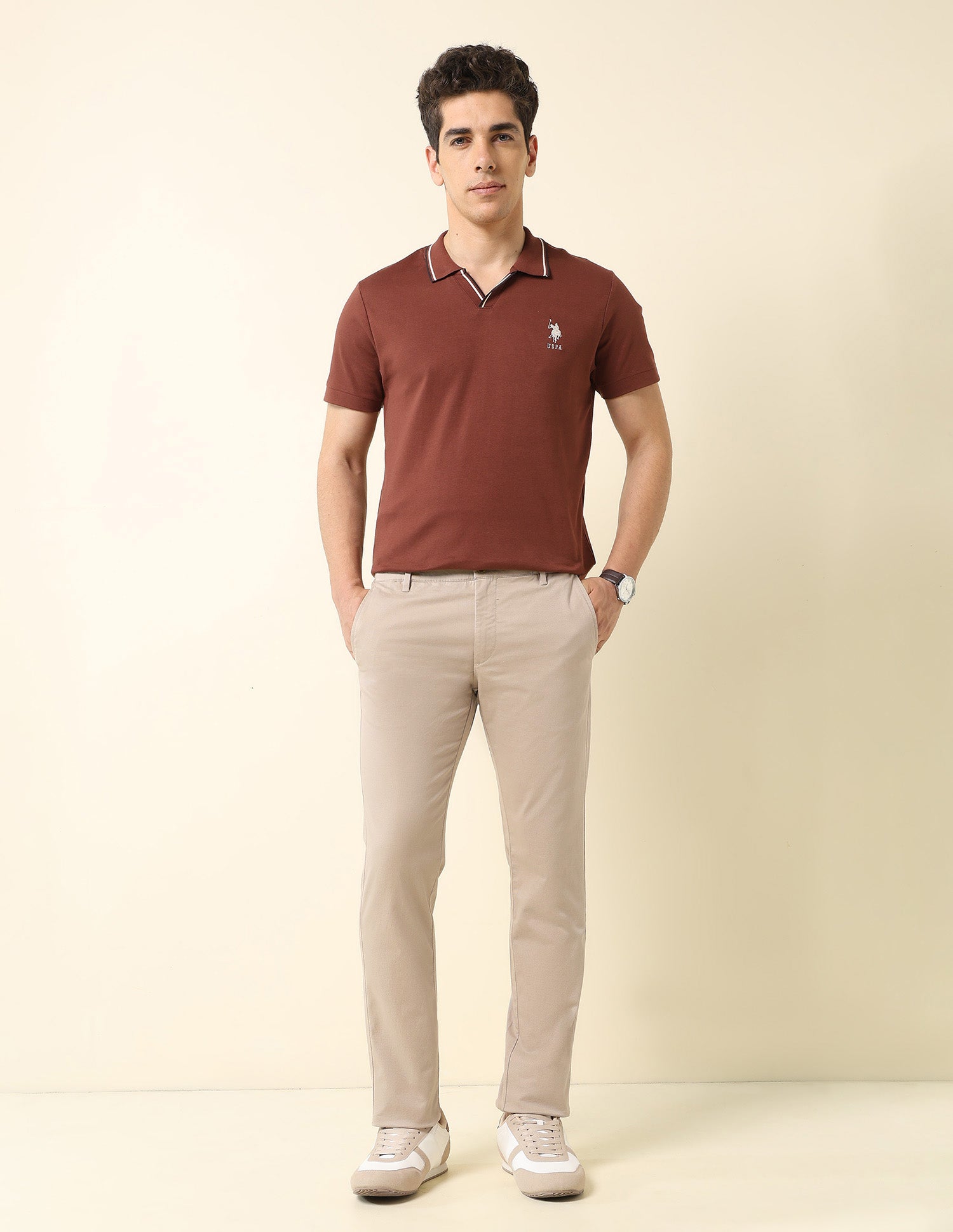 Denver Slim Fit Satin Print Trousers Beige - U.S. Polo Assn. India | Large