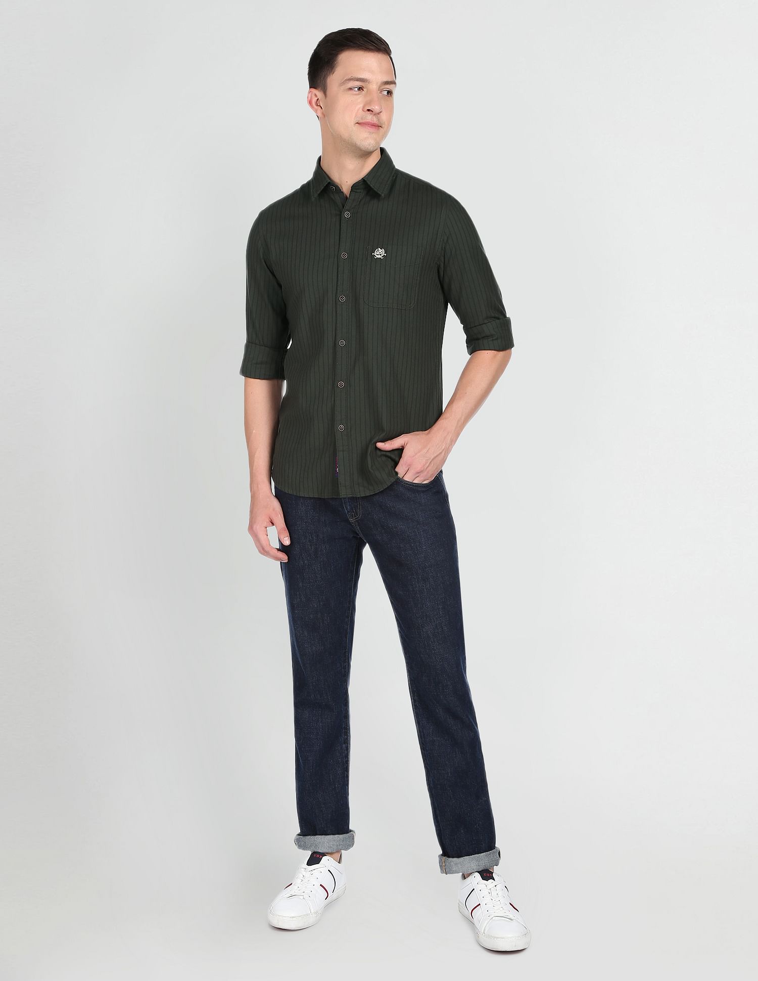 Vertical Stripe Cotton Casual Shirt Olive - U.S. POLO ASSN. | Large