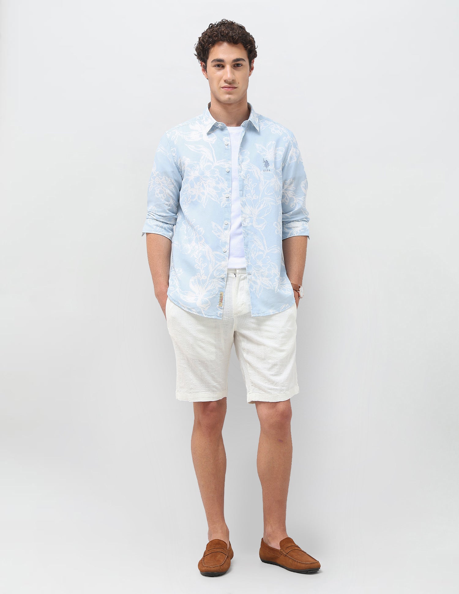 Floral Printed Regular Fit Shirt Light Blue - U.S. Polo Assn. India | Large