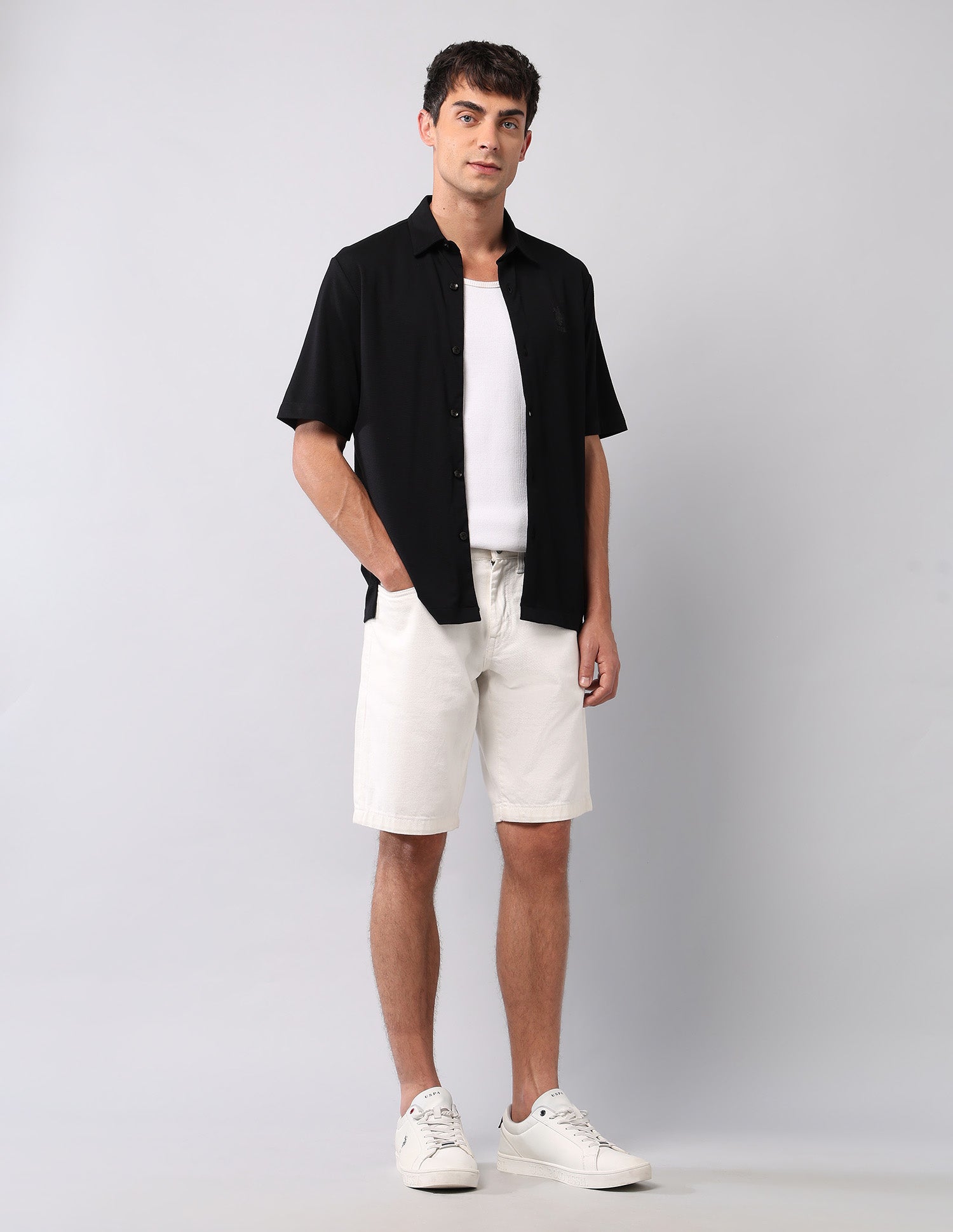 Relaxed Fit Knitted Pure Cotton Shirt Black - U.S. Polo Assn. India | Large