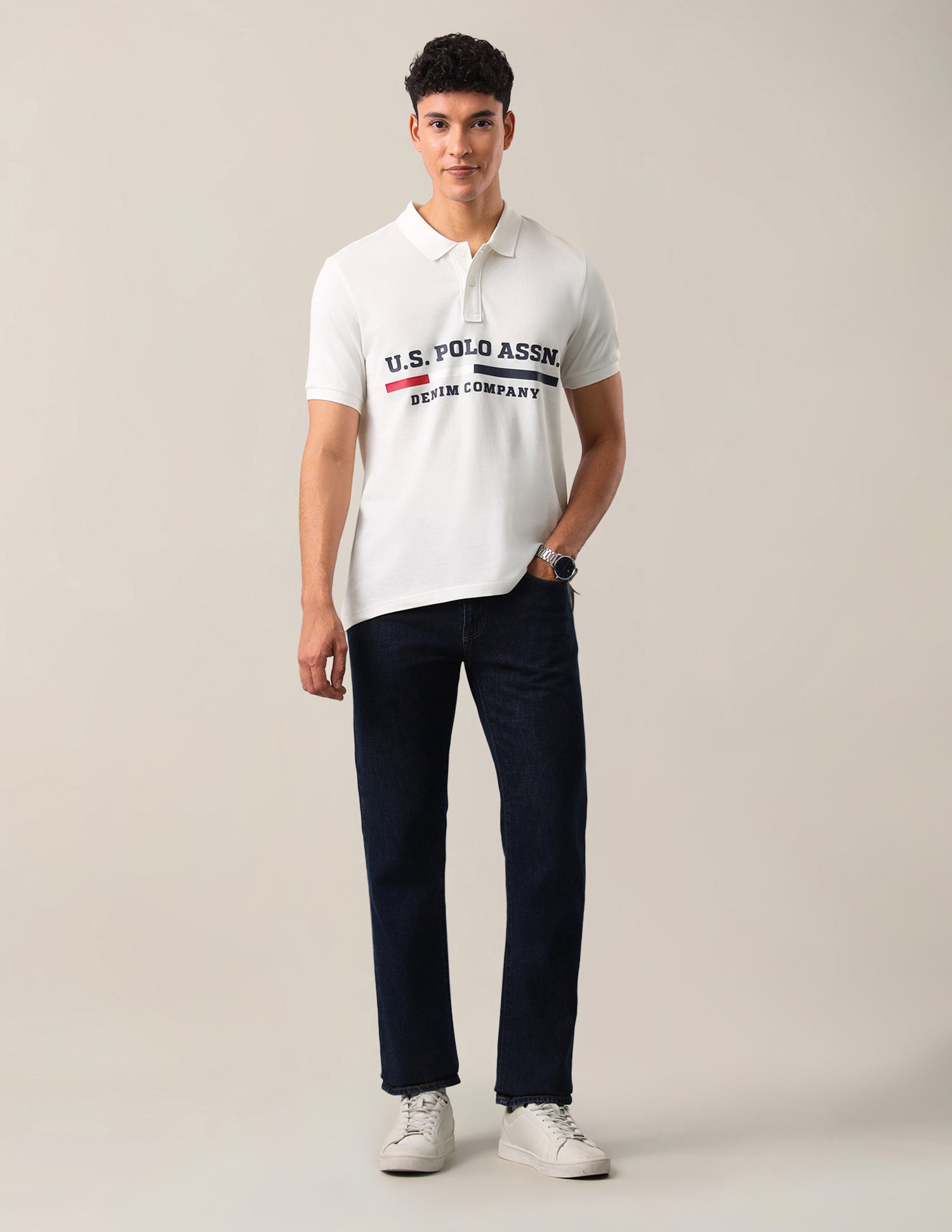 Brand Printed Slim Fit Polo Shirt Ivory - U.S. Polo Assn. India | Large