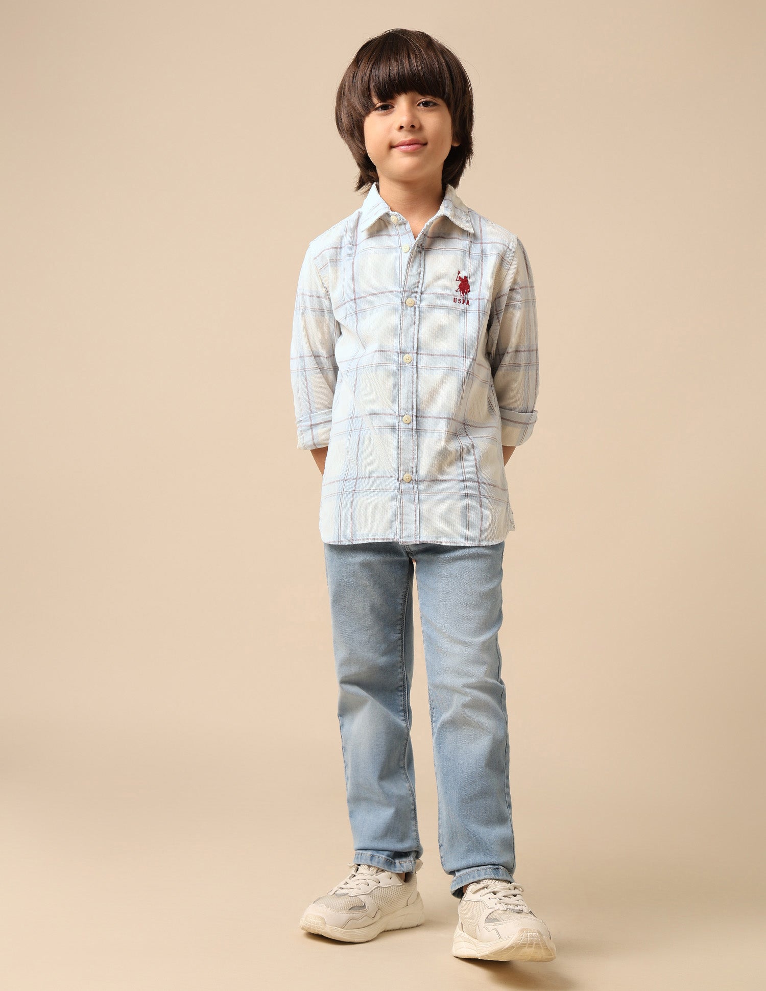 Boys Plaid Checked Corduroy Shirt Off White - U.S. POLO ASSN. | Large