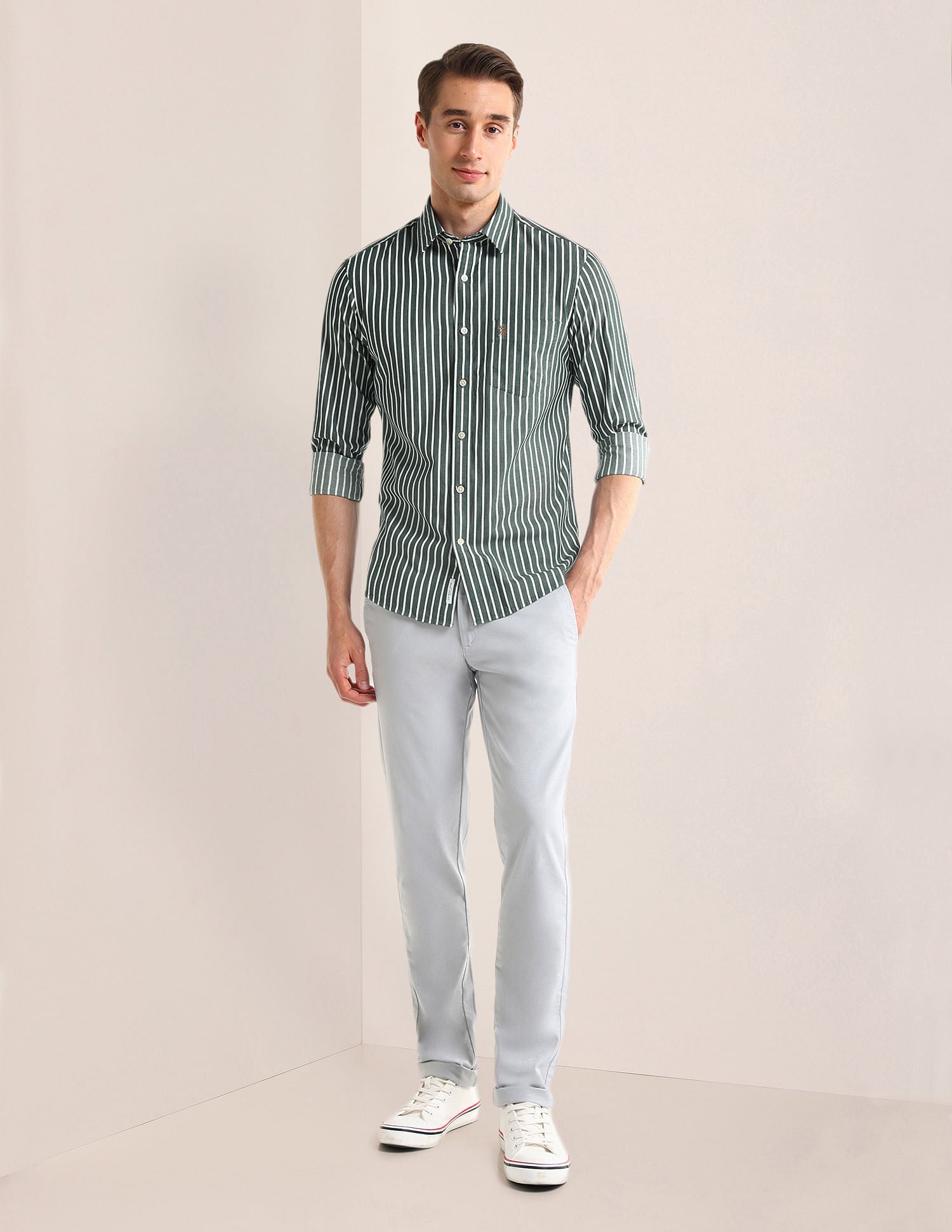 Tailored Fit Vertical Striped Shirt Dark-Green - U.S. Polo Assn. India | Large